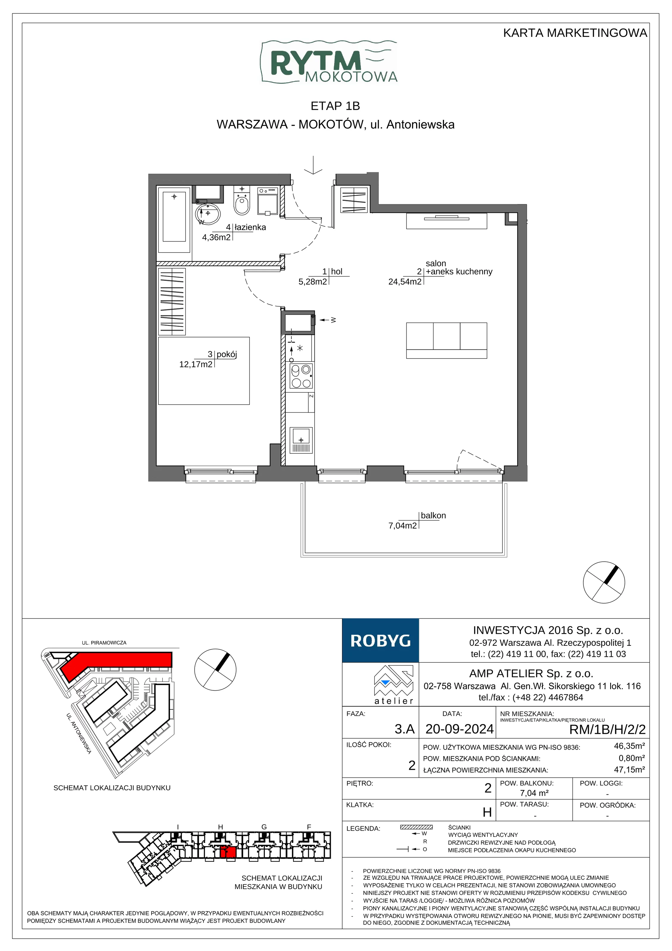 2 pokoje, mieszkanie 46,35 m², piętro 2, oferta nr RM/1B/H/2/2, Rytm Mokotowa 1B, Warszawa, Mokotów, Augustówka, ul. Antoniewska / Piramowicza