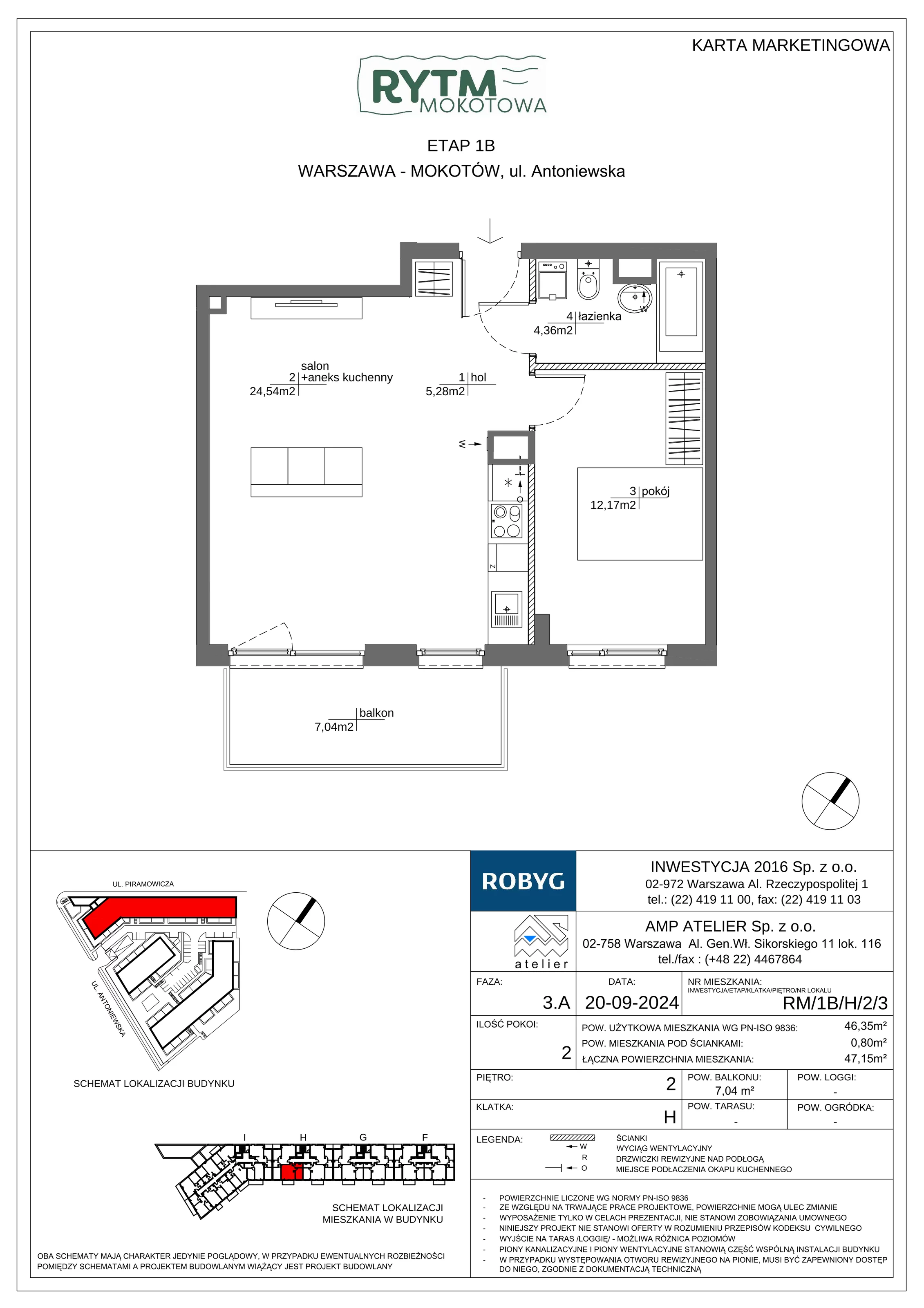 2 pokoje, mieszkanie 46,35 m², piętro 2, oferta nr RM/1B/H/2/3, Rytm Mokotowa 1B, Warszawa, Mokotów, Augustówka, ul. Antoniewska / Piramowicza