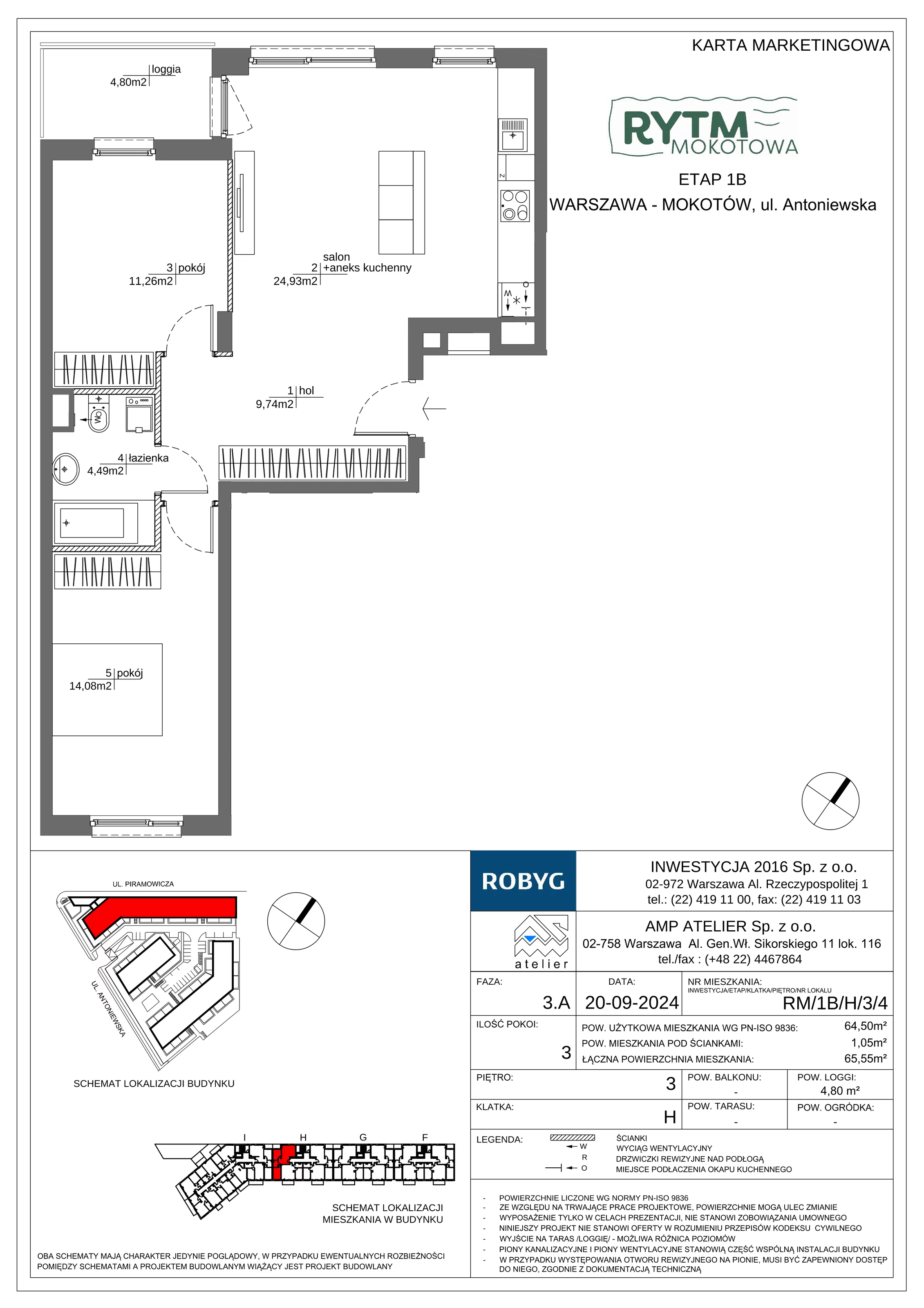 3 pokoje, mieszkanie 64,50 m², piętro 3, oferta nr RM/1B/H/3/4, Rytm Mokotowa 1B, Warszawa, Mokotów, Augustówka, ul. Antoniewska / Piramowicza