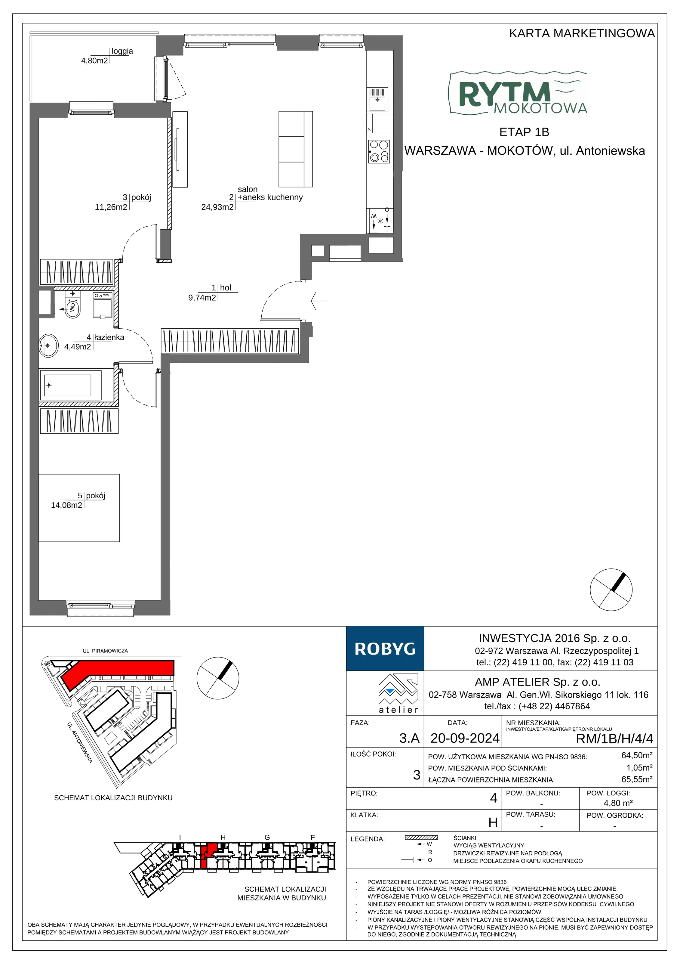 3 pokoje, mieszkanie 64,50 m², piętro 4, oferta nr RM/1B/H/4/4, Rytm Mokotowa 1B, Warszawa, Mokotów, Augustówka, ul. Antoniewska / Piramowicza