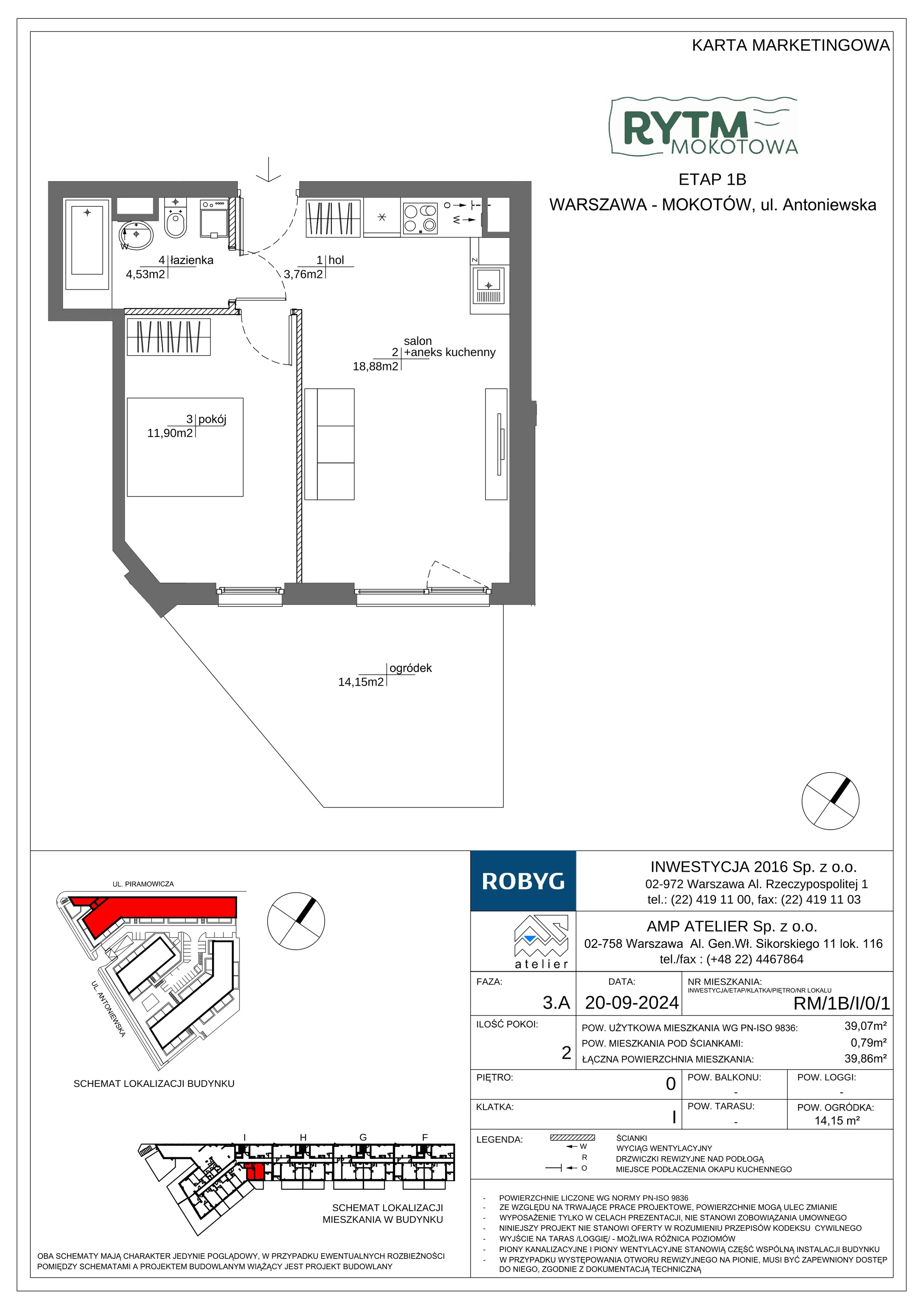 2 pokoje, mieszkanie 39,07 m², parter, oferta nr RM/1B/I/0/1, Rytm Mokotowa 1B, Warszawa, Mokotów, Augustówka, ul. Antoniewska / Piramowicza