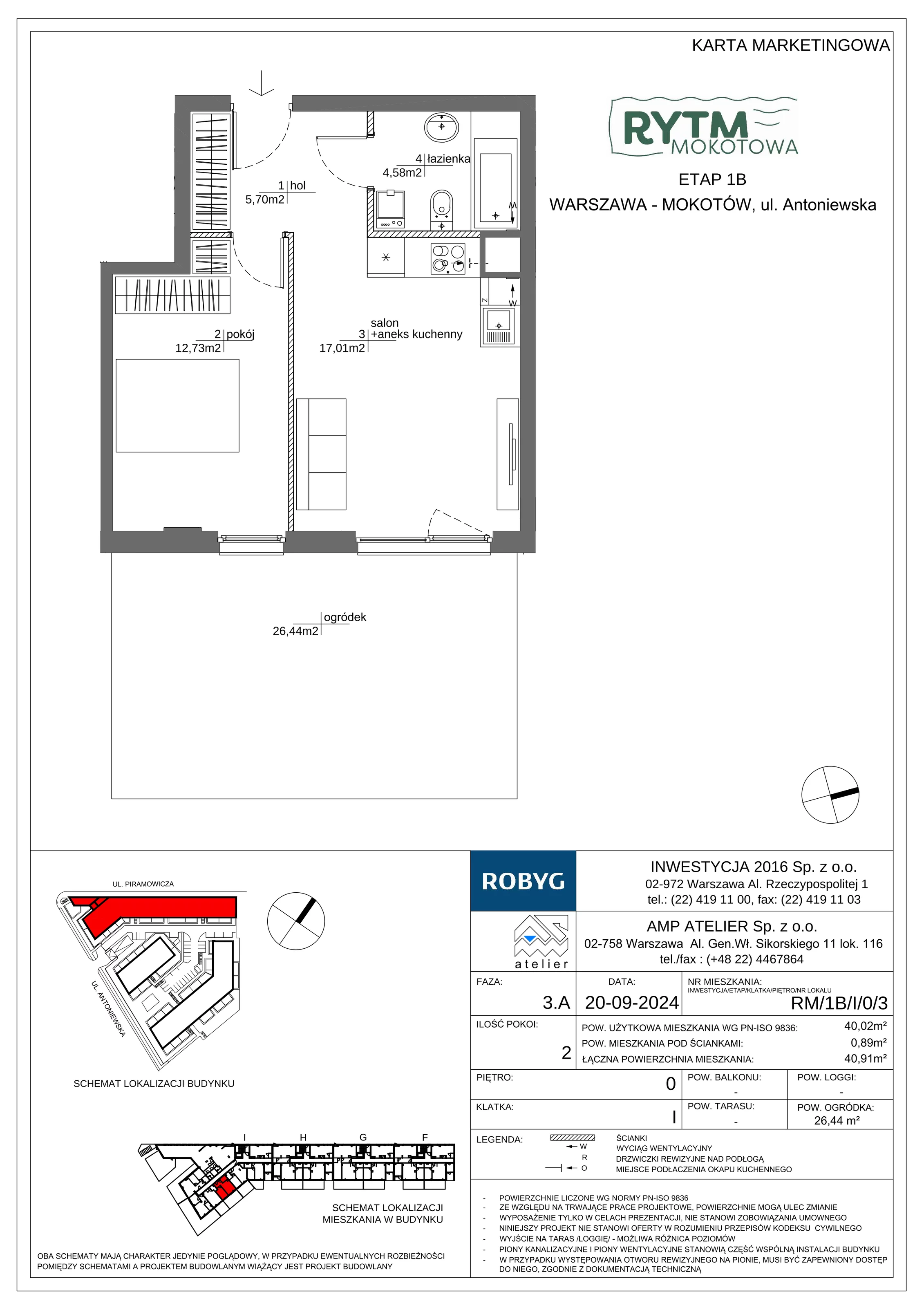 2 pokoje, mieszkanie 40,02 m², parter, oferta nr RM/1B/I/0/3, Rytm Mokotowa 1B, Warszawa, Mokotów, Augustówka, ul. Antoniewska / Piramowicza