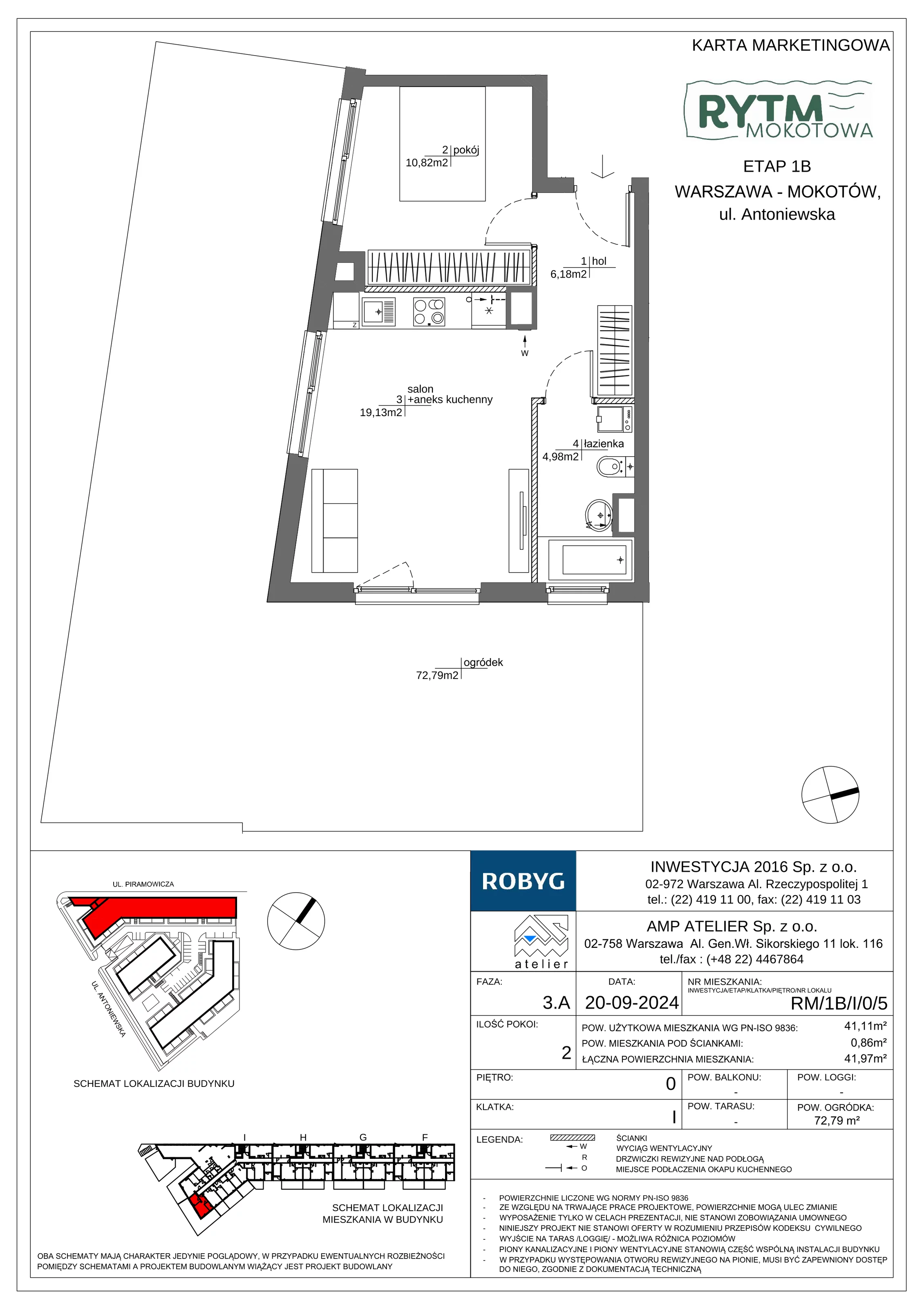 2 pokoje, mieszkanie 41,11 m², parter, oferta nr RM/1B/I/0/5, Rytm Mokotowa 1B, Warszawa, Mokotów, Augustówka, ul. Antoniewska / Piramowicza