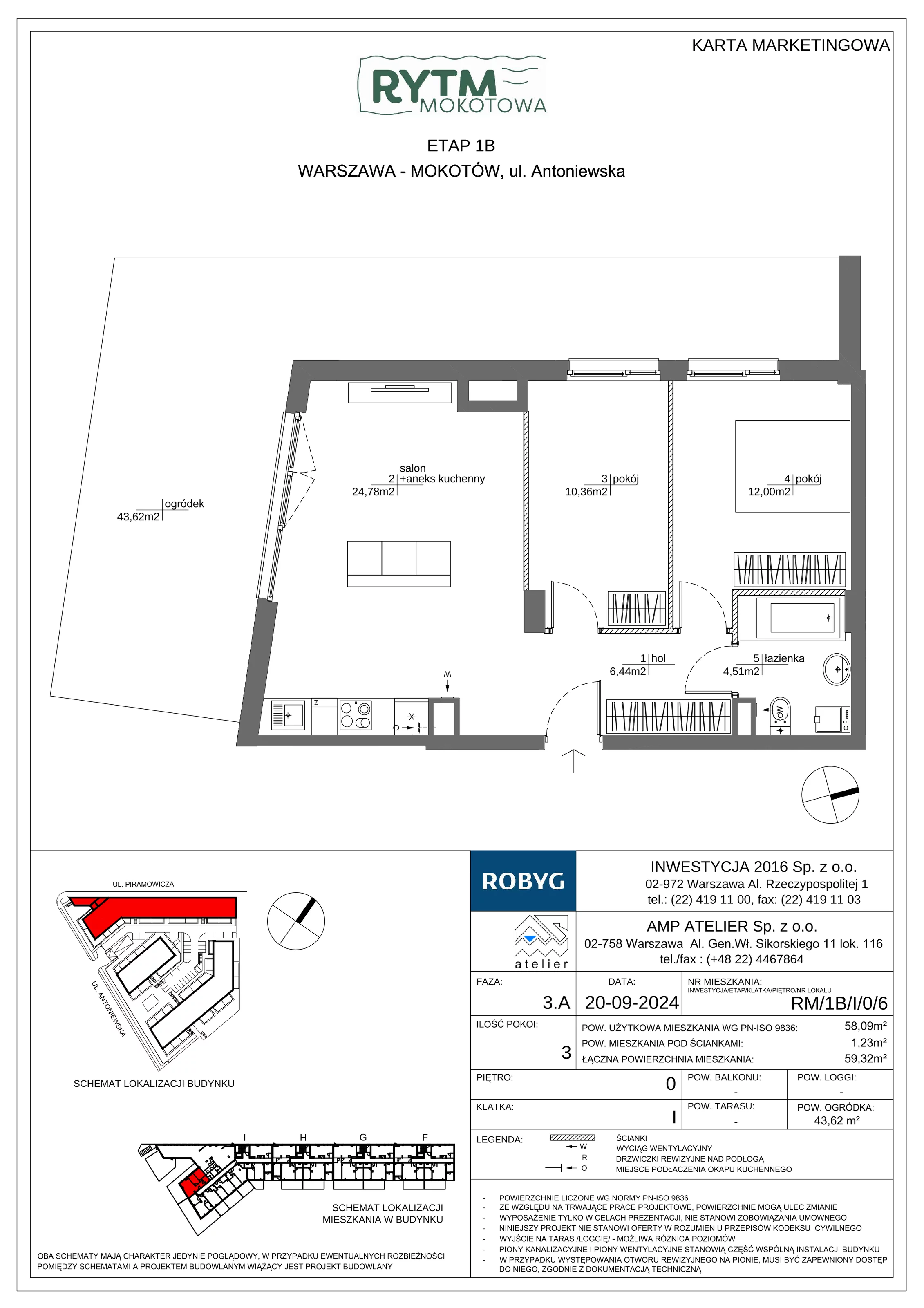 3 pokoje, mieszkanie 58,09 m², parter, oferta nr RM/1B/I/0/6, Rytm Mokotowa 1B, Warszawa, Mokotów, Augustówka, ul. Antoniewska / Piramowicza