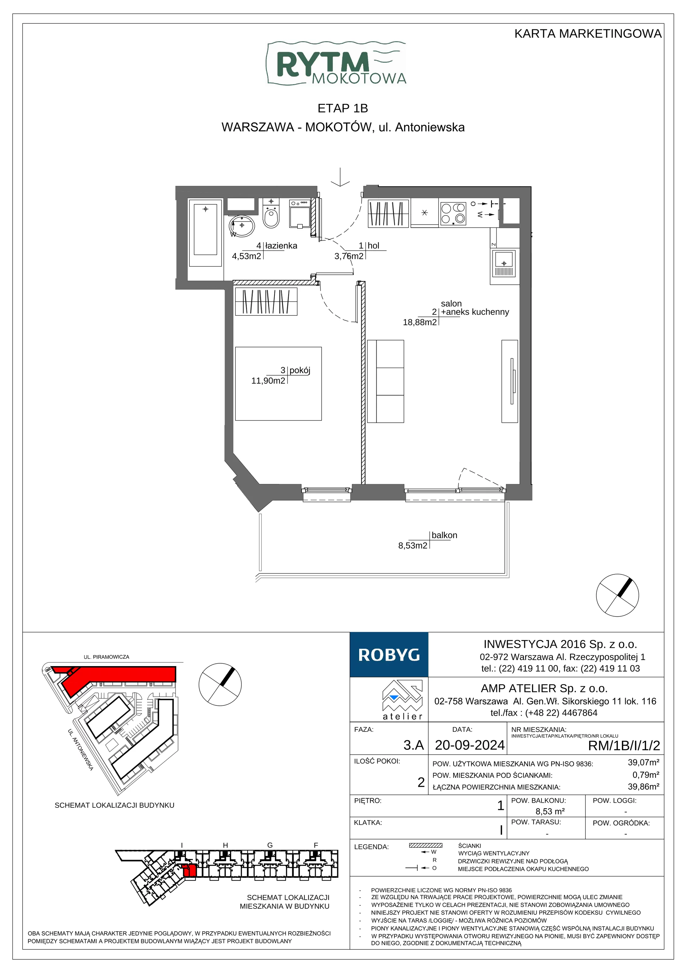 2 pokoje, mieszkanie 39,07 m², piętro 1, oferta nr RM/1B/I/1/2, Rytm Mokotowa 1B, Warszawa, Mokotów, Augustówka, ul. Antoniewska / Piramowicza
