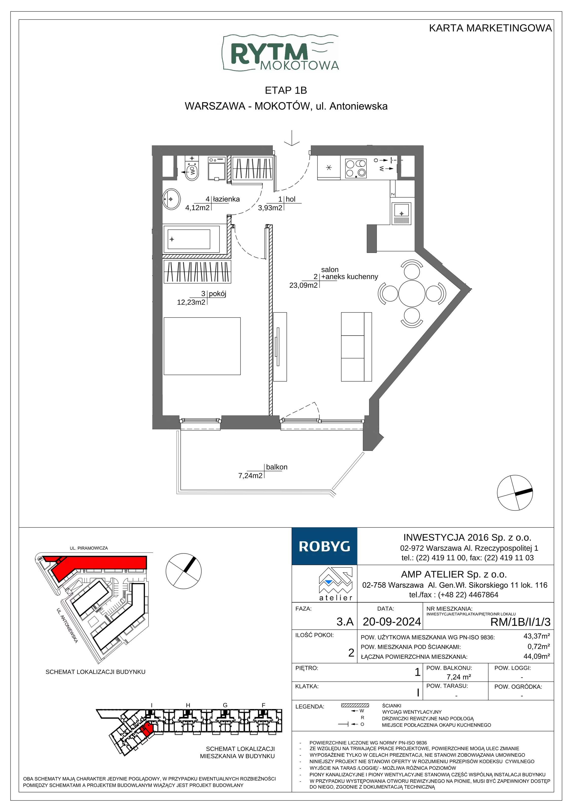 2 pokoje, mieszkanie 43,37 m², piętro 1, oferta nr RM/1B/I/1/3, Rytm Mokotowa 1B, Warszawa, Mokotów, Augustówka, ul. Antoniewska / Piramowicza