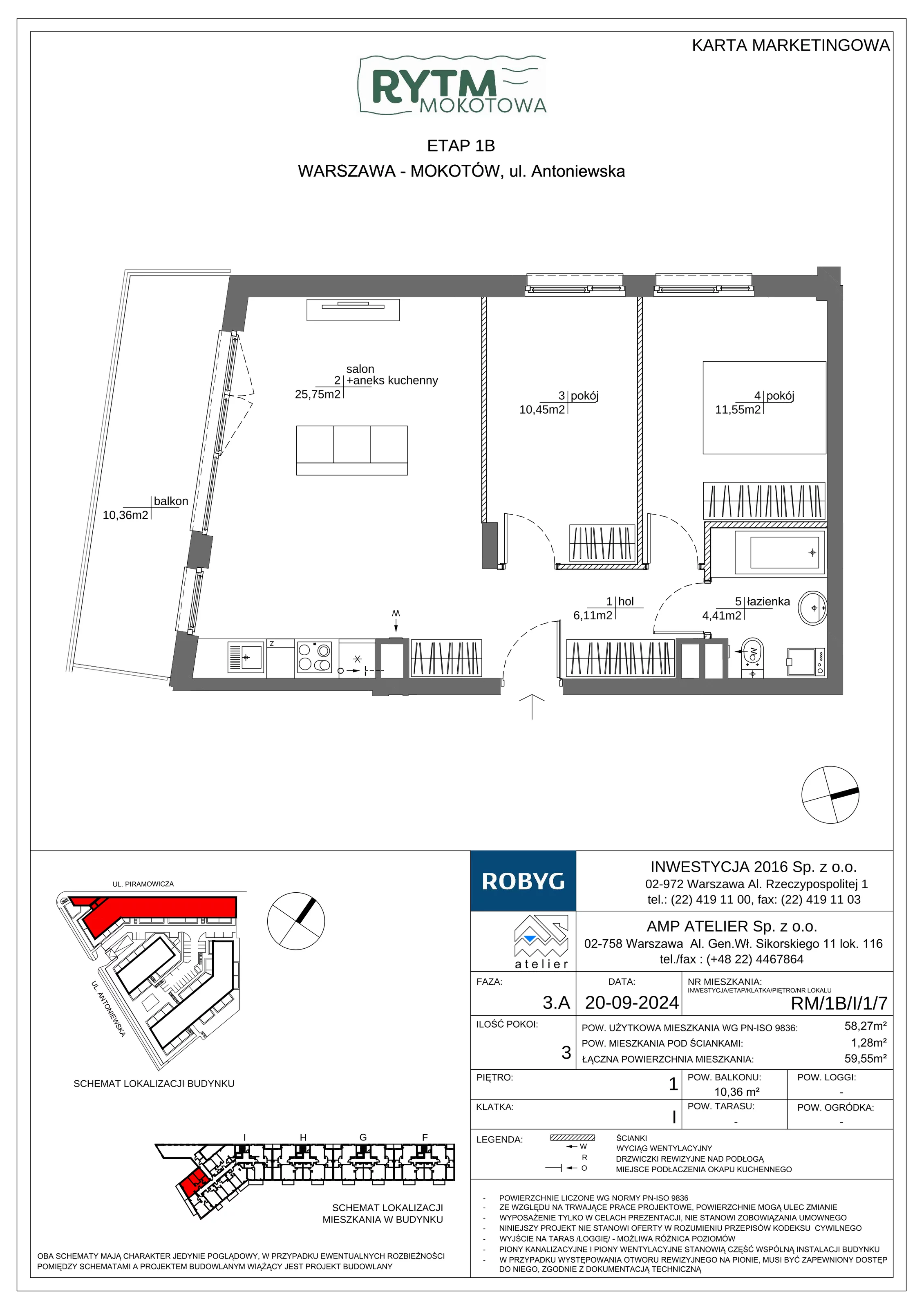 3 pokoje, mieszkanie 58,27 m², piętro 1, oferta nr RM/1B/I/1/7, Rytm Mokotowa 1B, Warszawa, Mokotów, Augustówka, ul. Antoniewska / Piramowicza