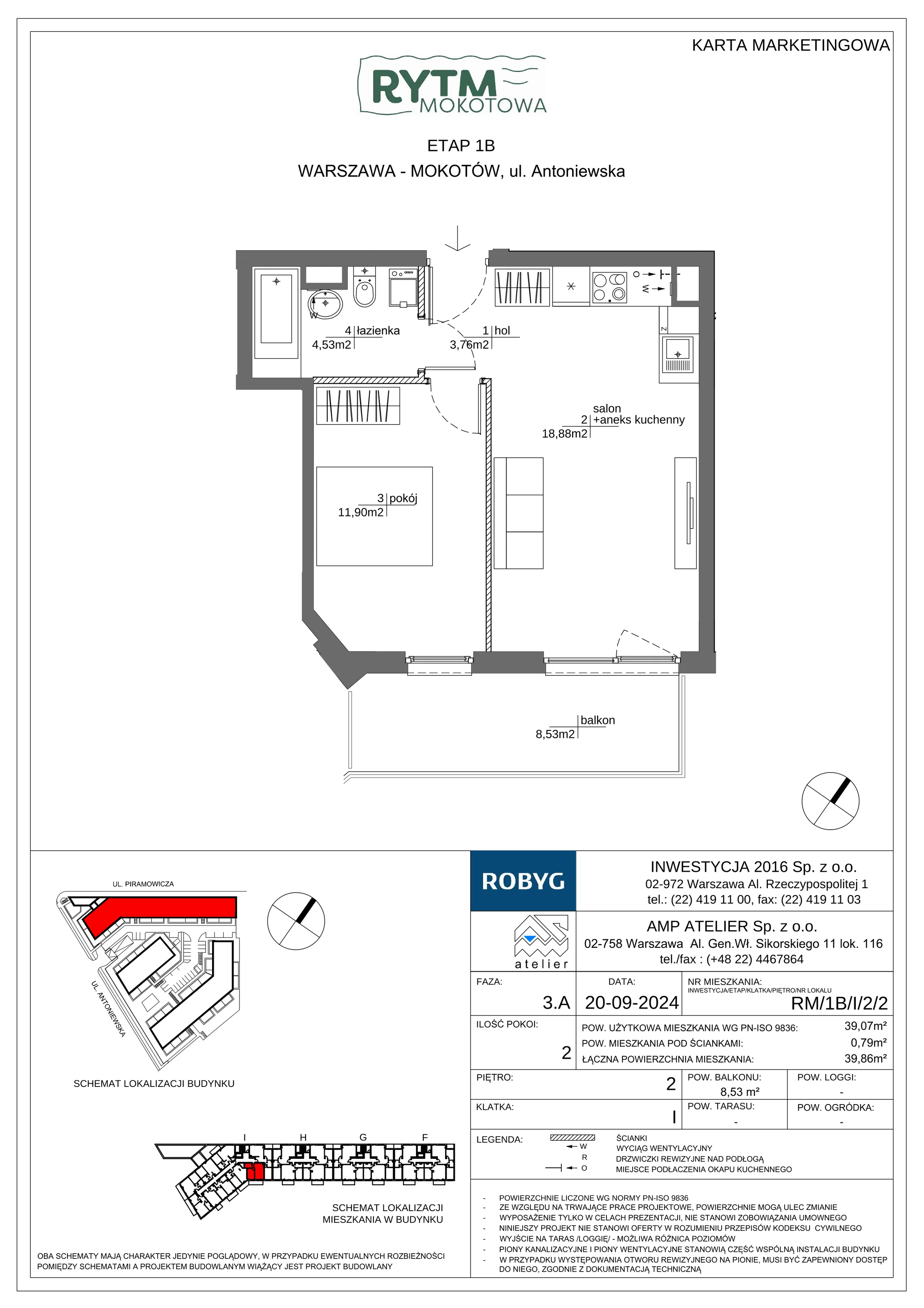 2 pokoje, mieszkanie 39,07 m², piętro 2, oferta nr RM/1B/I/2/2, Rytm Mokotowa 1B, Warszawa, Mokotów, Augustówka, ul. Antoniewska / Piramowicza