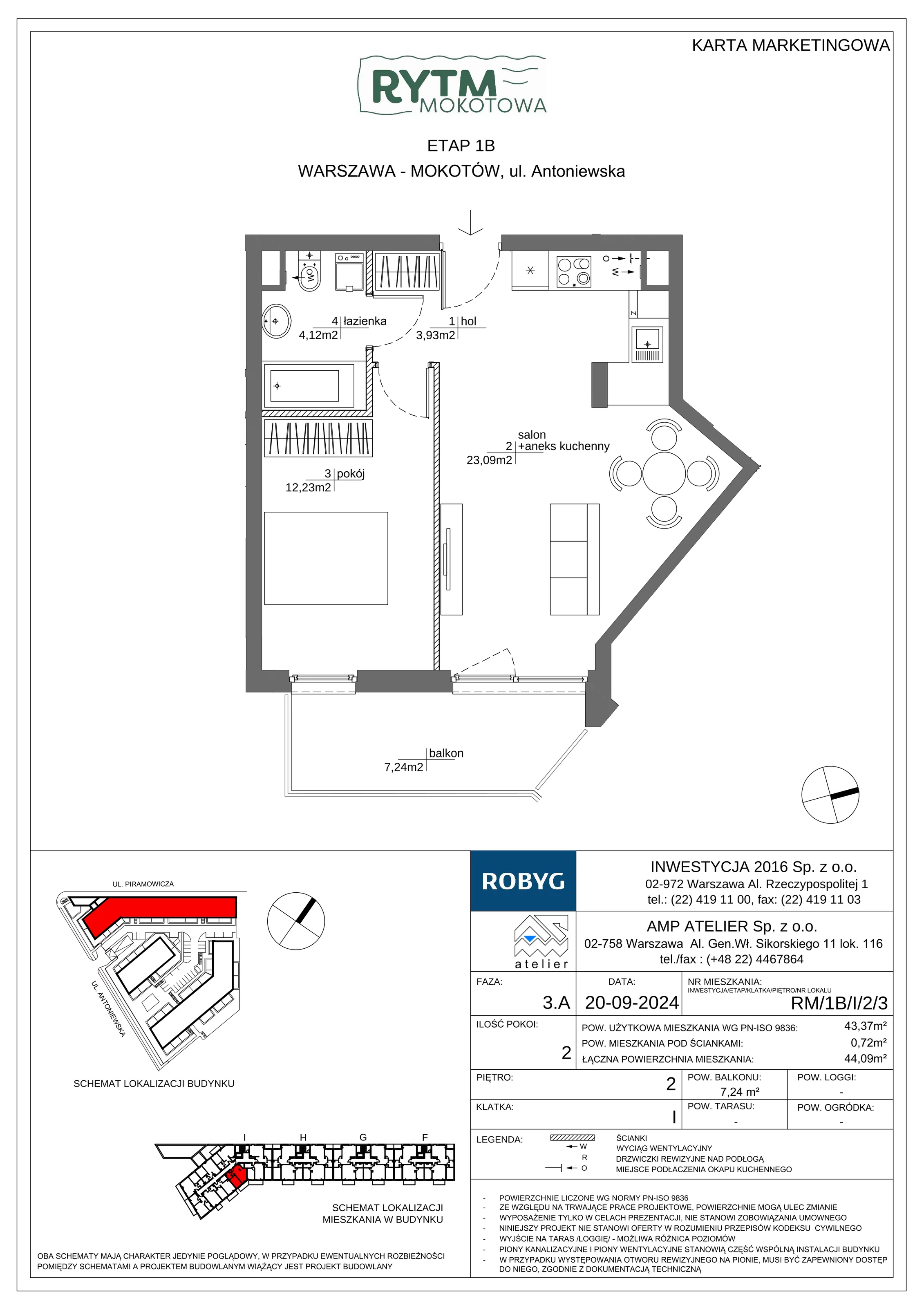 2 pokoje, mieszkanie 43,37 m², piętro 2, oferta nr RM/1B/I/2/3, Rytm Mokotowa 1B, Warszawa, Mokotów, Augustówka, ul. Antoniewska / Piramowicza