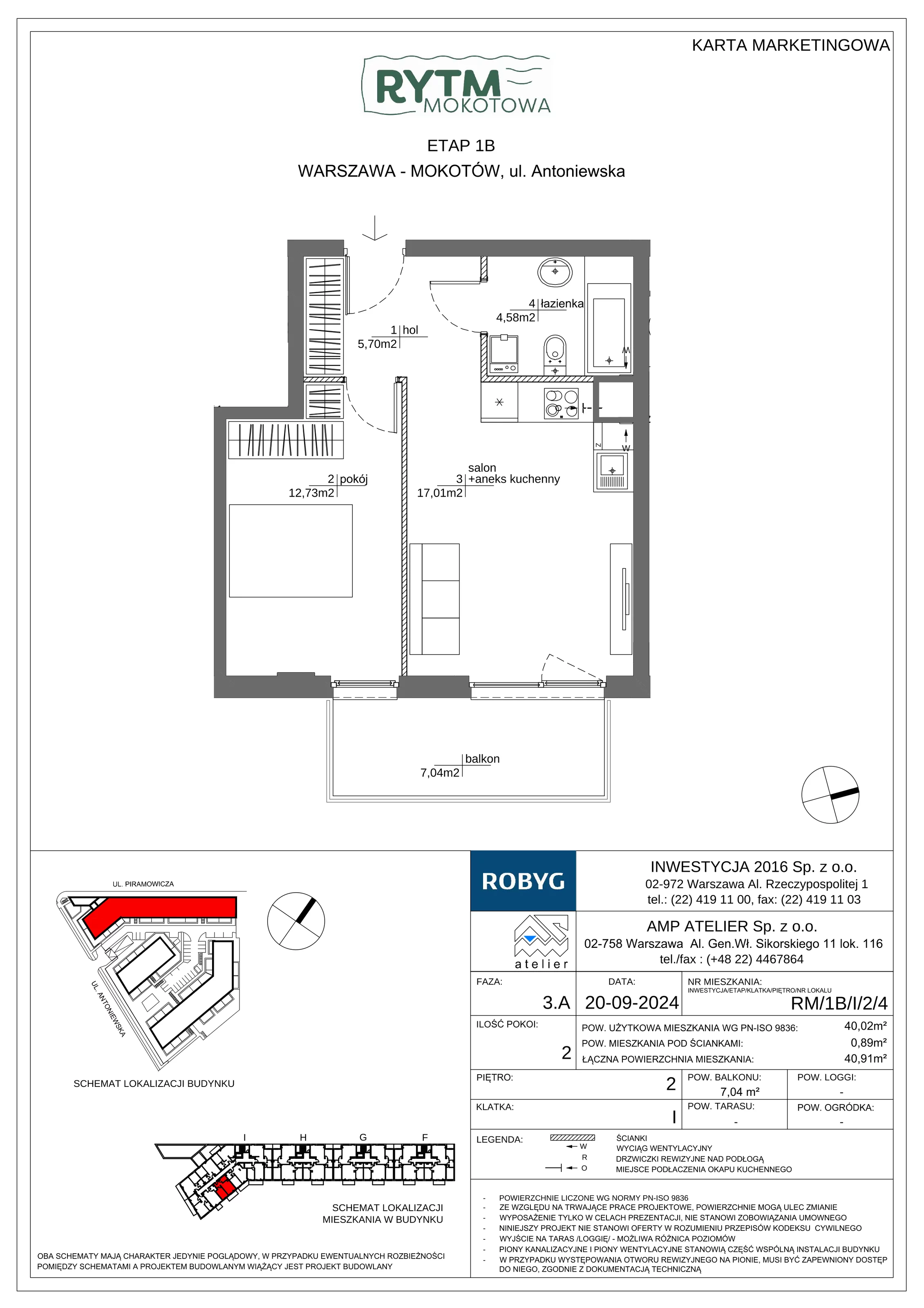2 pokoje, mieszkanie 40,02 m², piętro 2, oferta nr RM/1B/I/2/4, Rytm Mokotowa 1B, Warszawa, Mokotów, Augustówka, ul. Antoniewska / Piramowicza