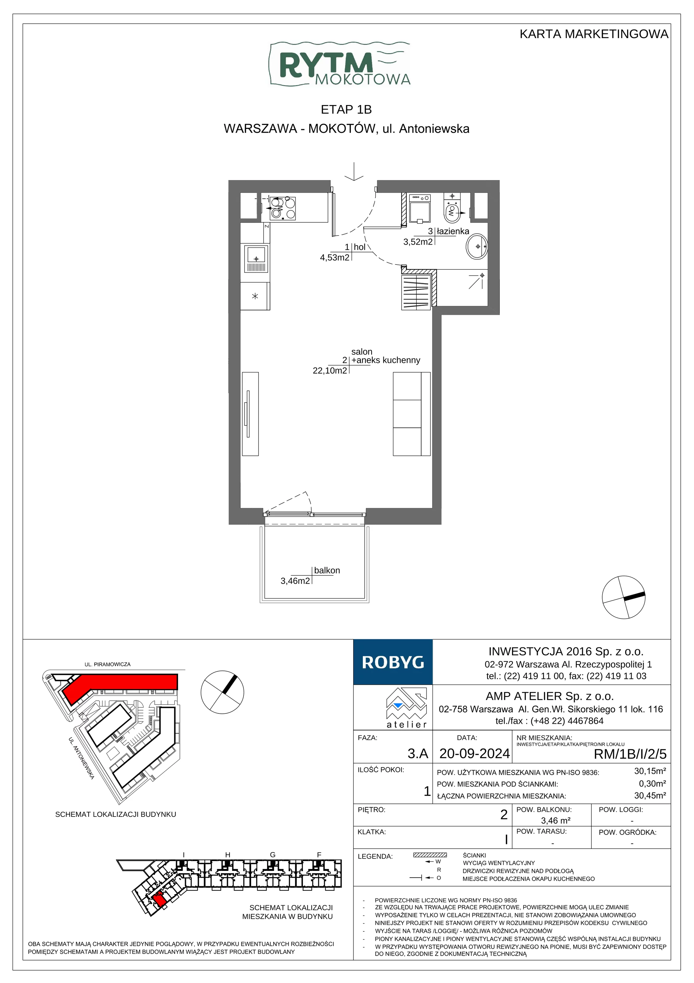 1 pokój, mieszkanie 30,15 m², piętro 2, oferta nr RM/1B/I/2/5, Rytm Mokotowa 1B, Warszawa, Mokotów, Augustówka, ul. Antoniewska / Piramowicza