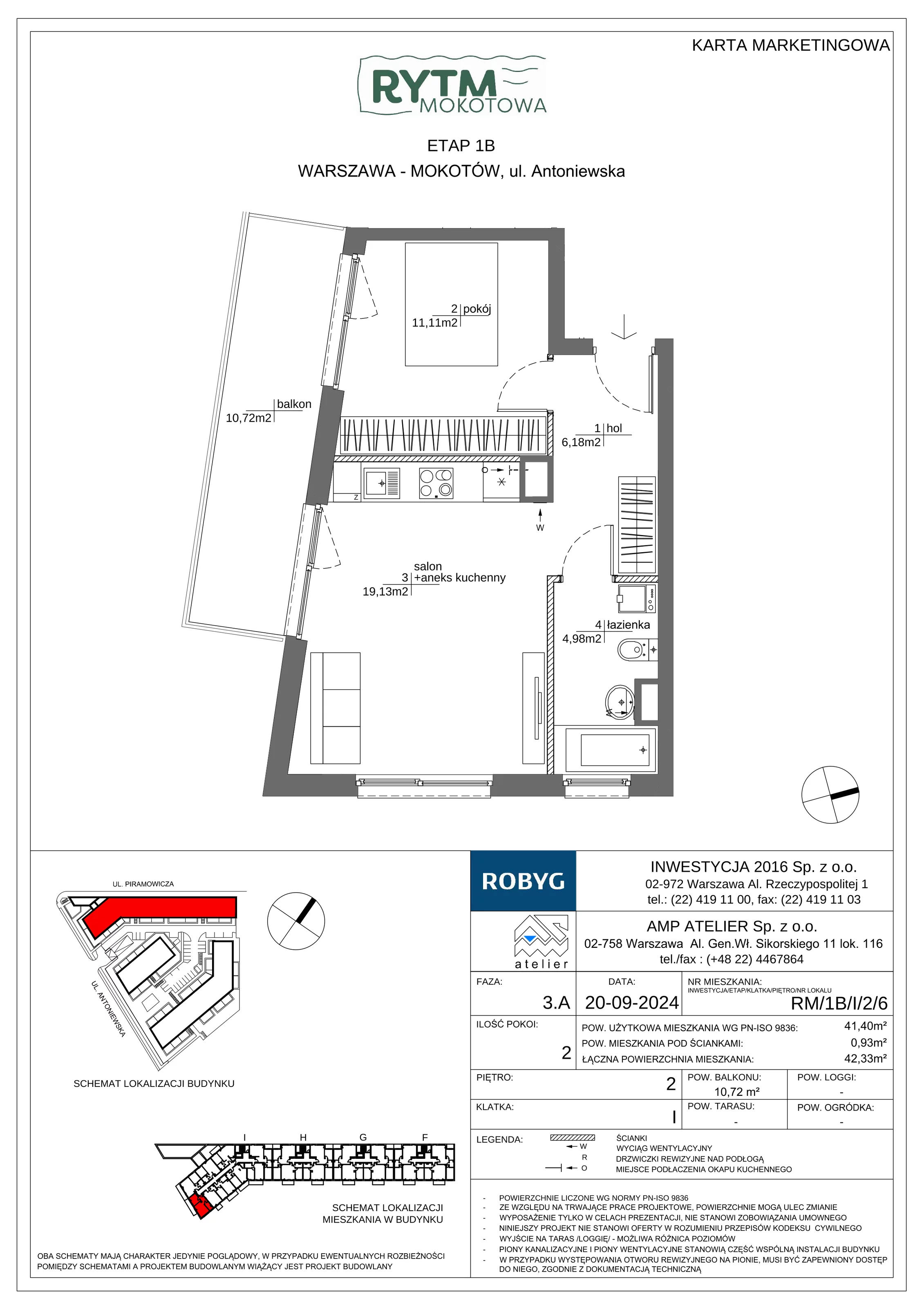 2 pokoje, mieszkanie 41,40 m², piętro 2, oferta nr RM/1B/I/2/6, Rytm Mokotowa 1B, Warszawa, Mokotów, Augustówka, ul. Antoniewska / Piramowicza