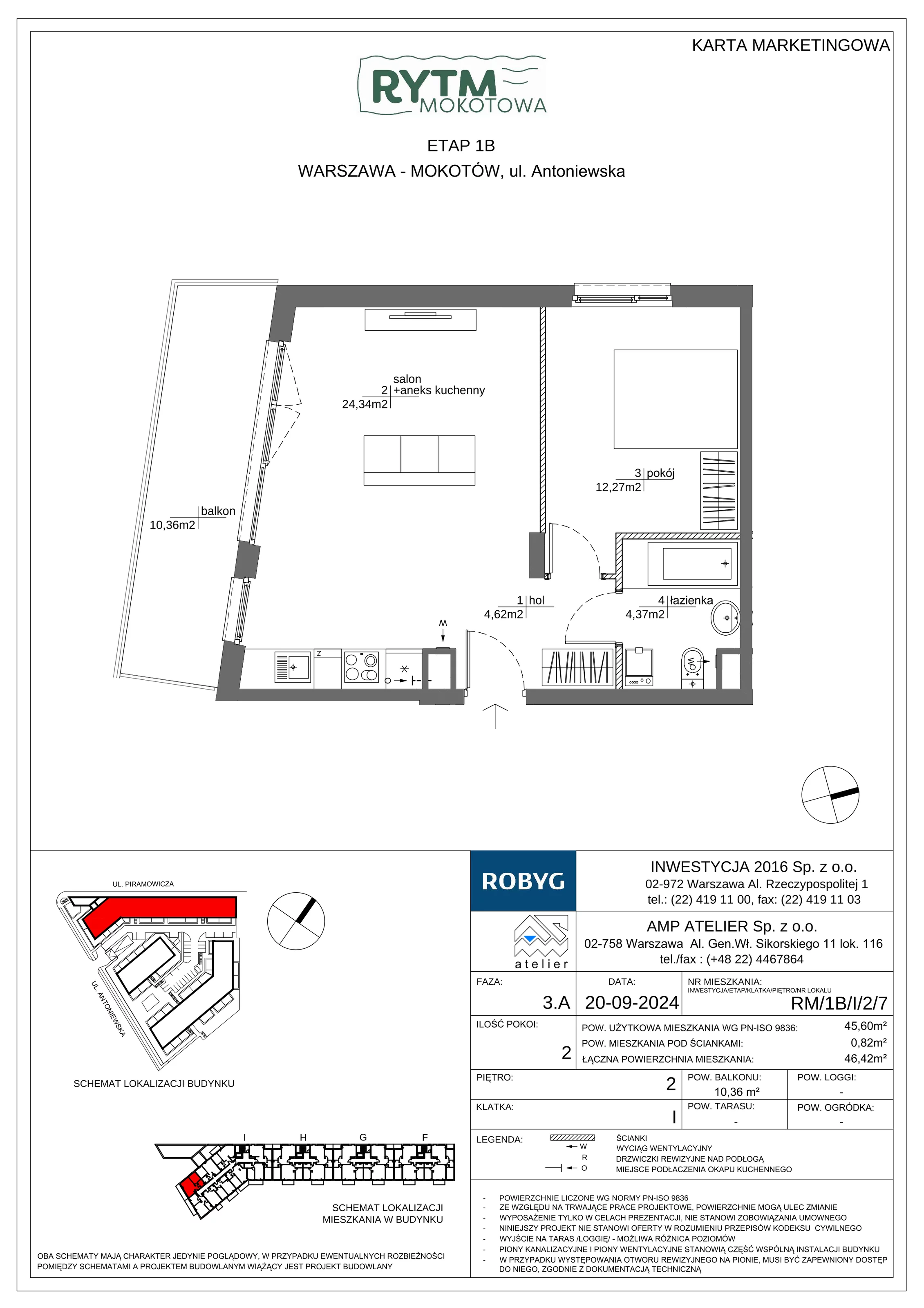 2 pokoje, mieszkanie 45,60 m², piętro 2, oferta nr RM/1B/I/2/7, Rytm Mokotowa 1B, Warszawa, Mokotów, Augustówka, ul. Antoniewska / Piramowicza