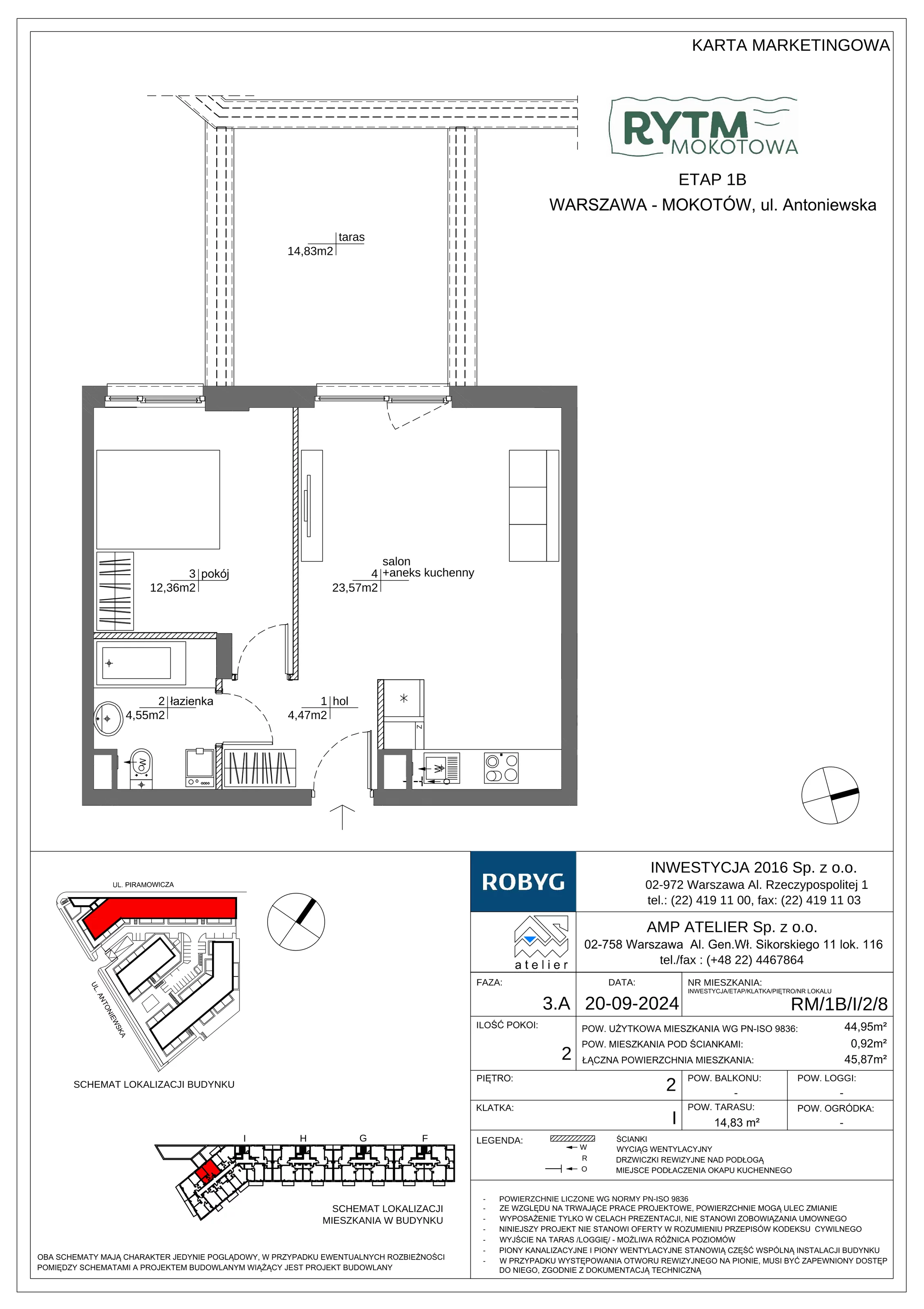 2 pokoje, mieszkanie 44,95 m², piętro 2, oferta nr RM/1B/I/2/8, Rytm Mokotowa 1B, Warszawa, Mokotów, Augustówka, ul. Antoniewska / Piramowicza