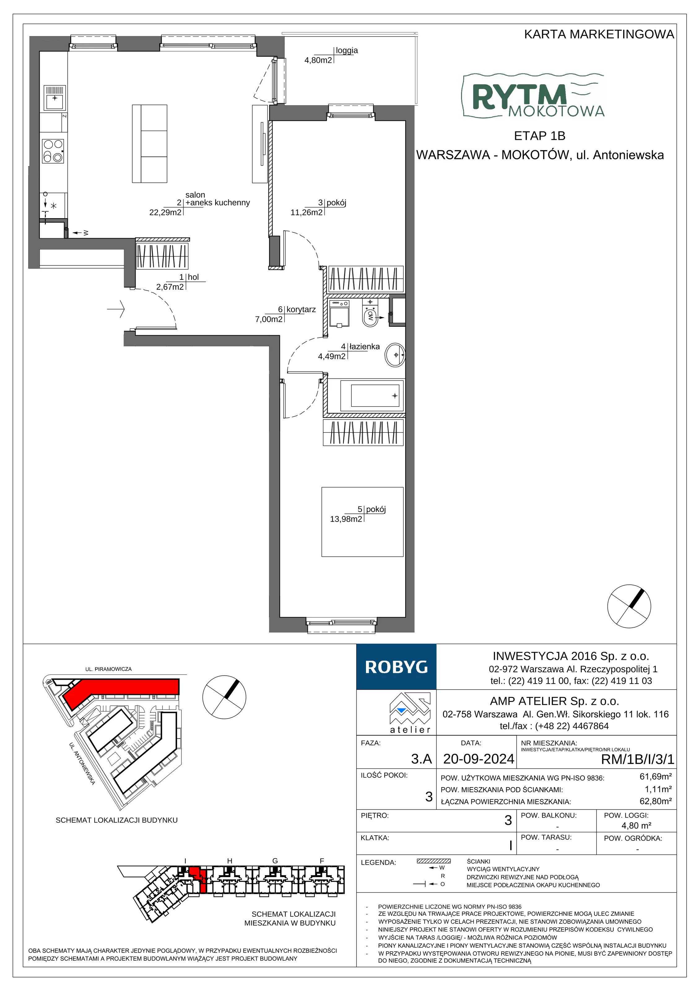 3 pokoje, mieszkanie 61,69 m², piętro 3, oferta nr RM/1B/I/3/1, Rytm Mokotowa 1B, Warszawa, Mokotów, Augustówka, ul. Antoniewska / Piramowicza