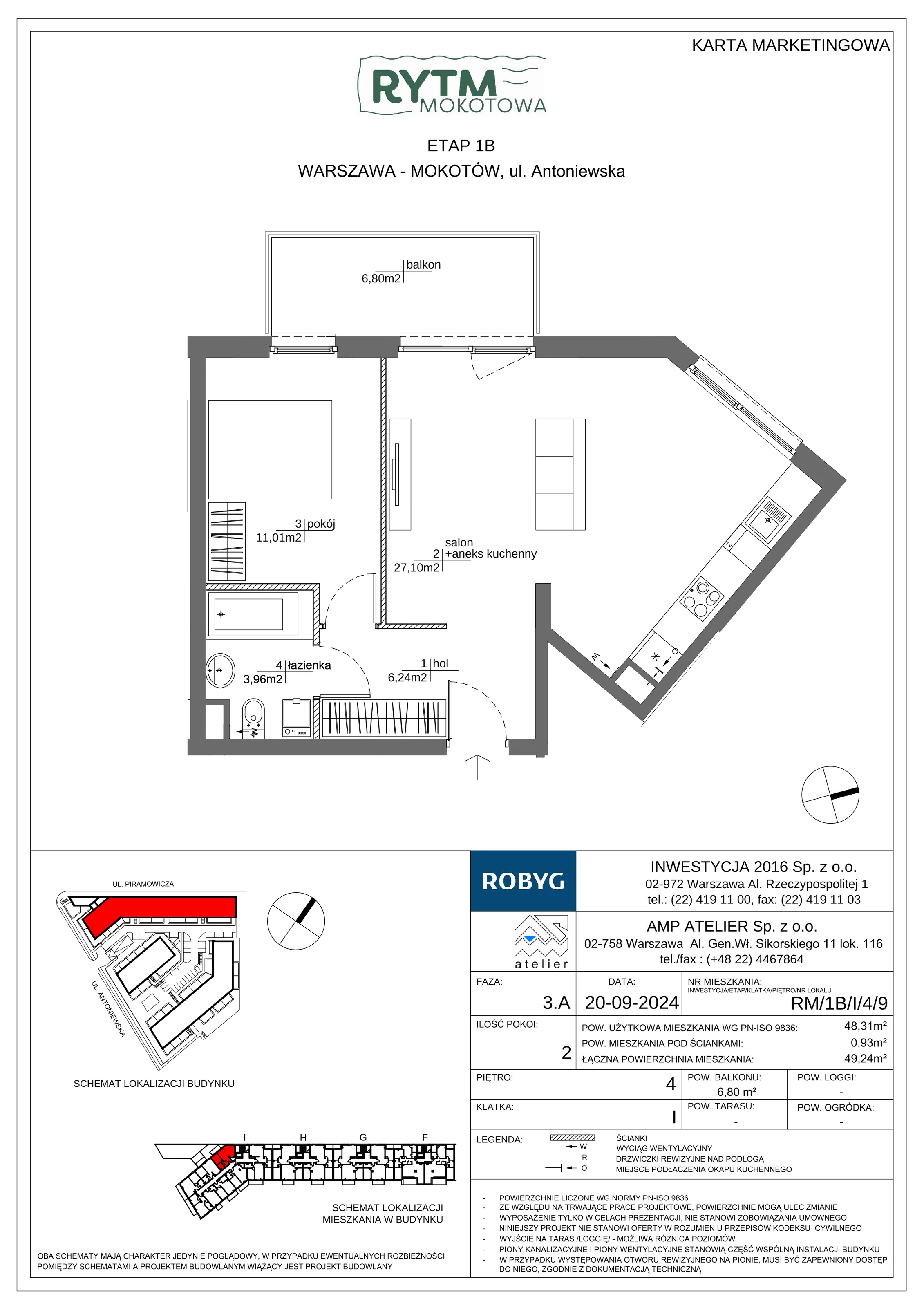 2 pokoje, mieszkanie 48,31 m², piętro 4, oferta nr RM/1B/I/4/9, Rytm Mokotowa 1B, Warszawa, Mokotów, Augustówka, ul. Antoniewska / Piramowicza