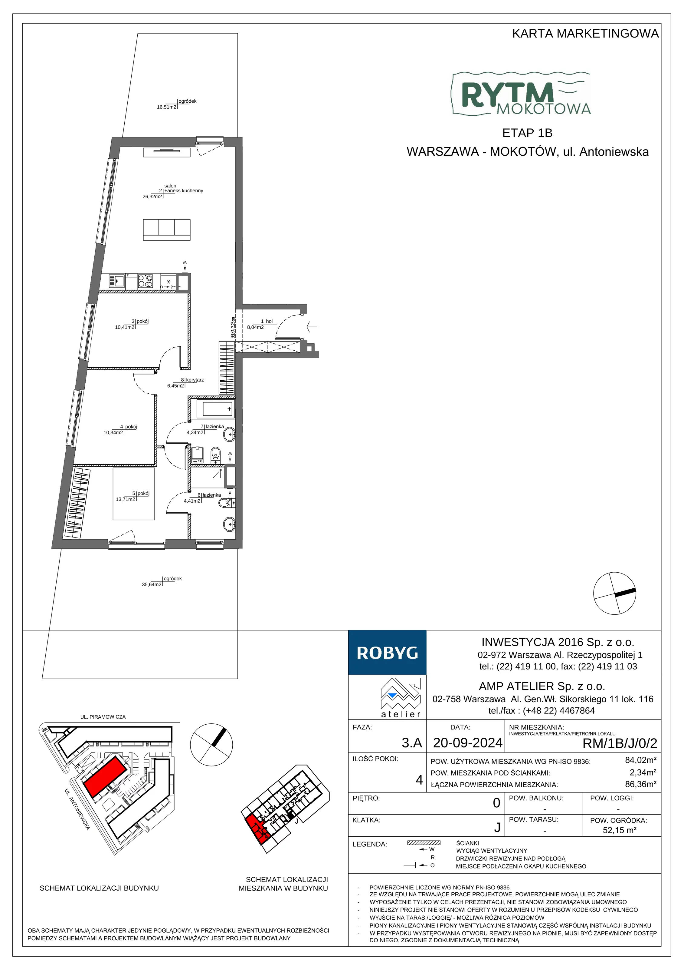 4 pokoje, mieszkanie 84,02 m², parter, oferta nr RM/1B/J/0/2, Rytm Mokotowa 1B, Warszawa, Mokotów, Augustówka, ul. Antoniewska / Piramowicza