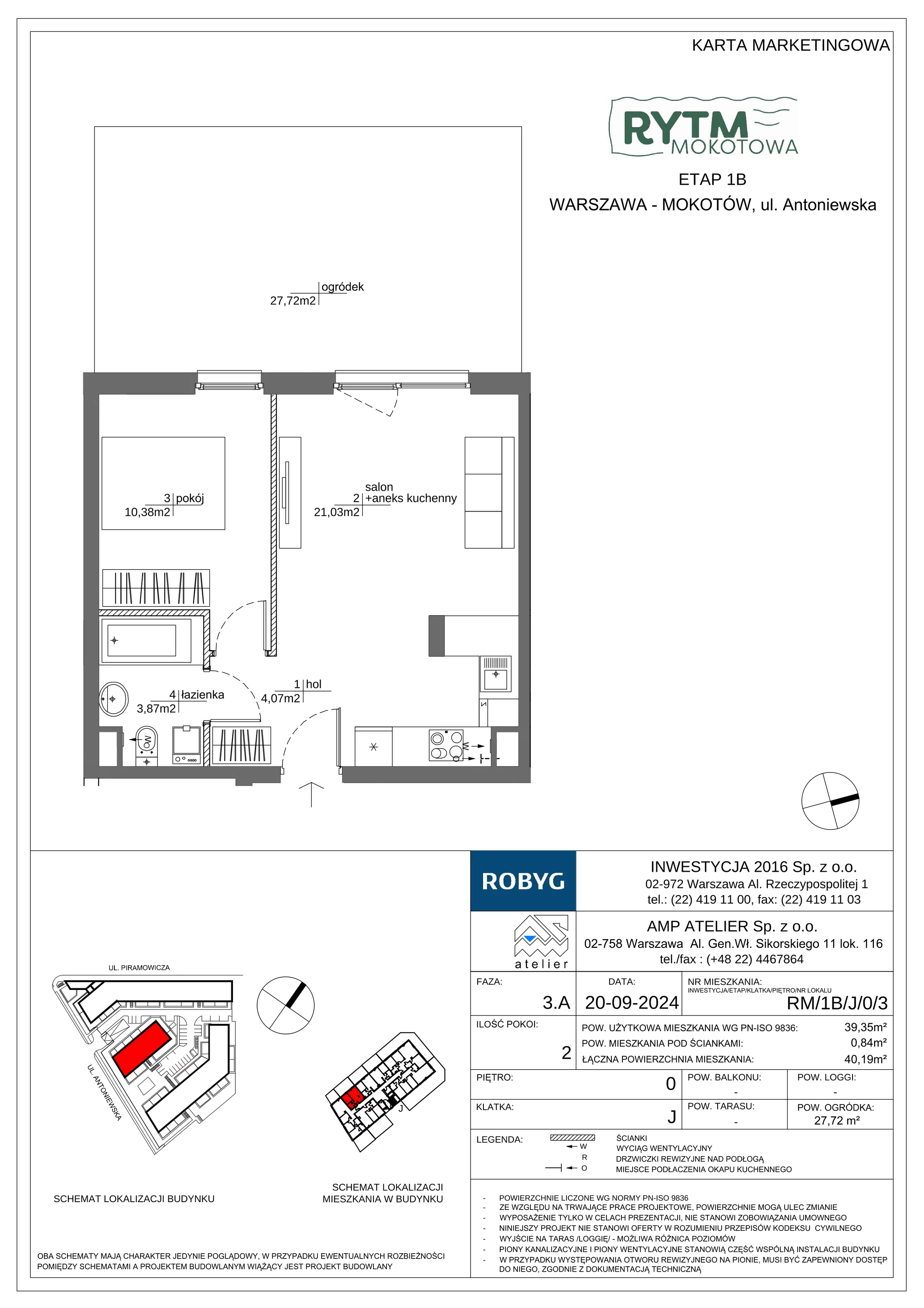 2 pokoje, mieszkanie 39,35 m², parter, oferta nr RM/1B/J/0/3, Rytm Mokotowa 1B, Warszawa, Mokotów, Augustówka, ul. Antoniewska / Piramowicza