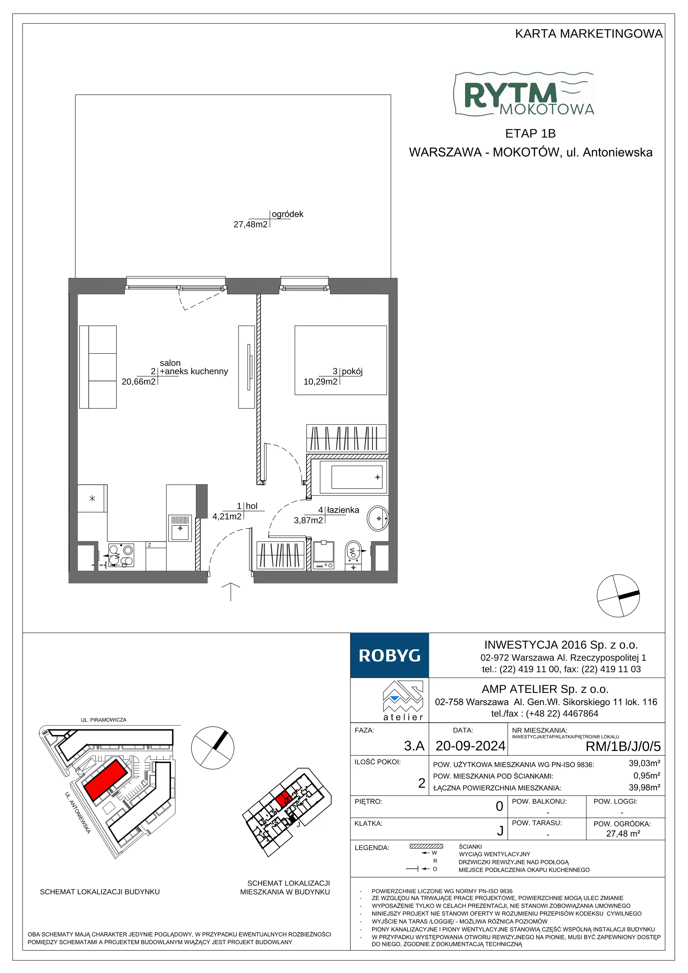 2 pokoje, mieszkanie 39,03 m², parter, oferta nr RM/1B/J/0/5, Rytm Mokotowa 1B, Warszawa, Mokotów, Augustówka, ul. Antoniewska / Piramowicza