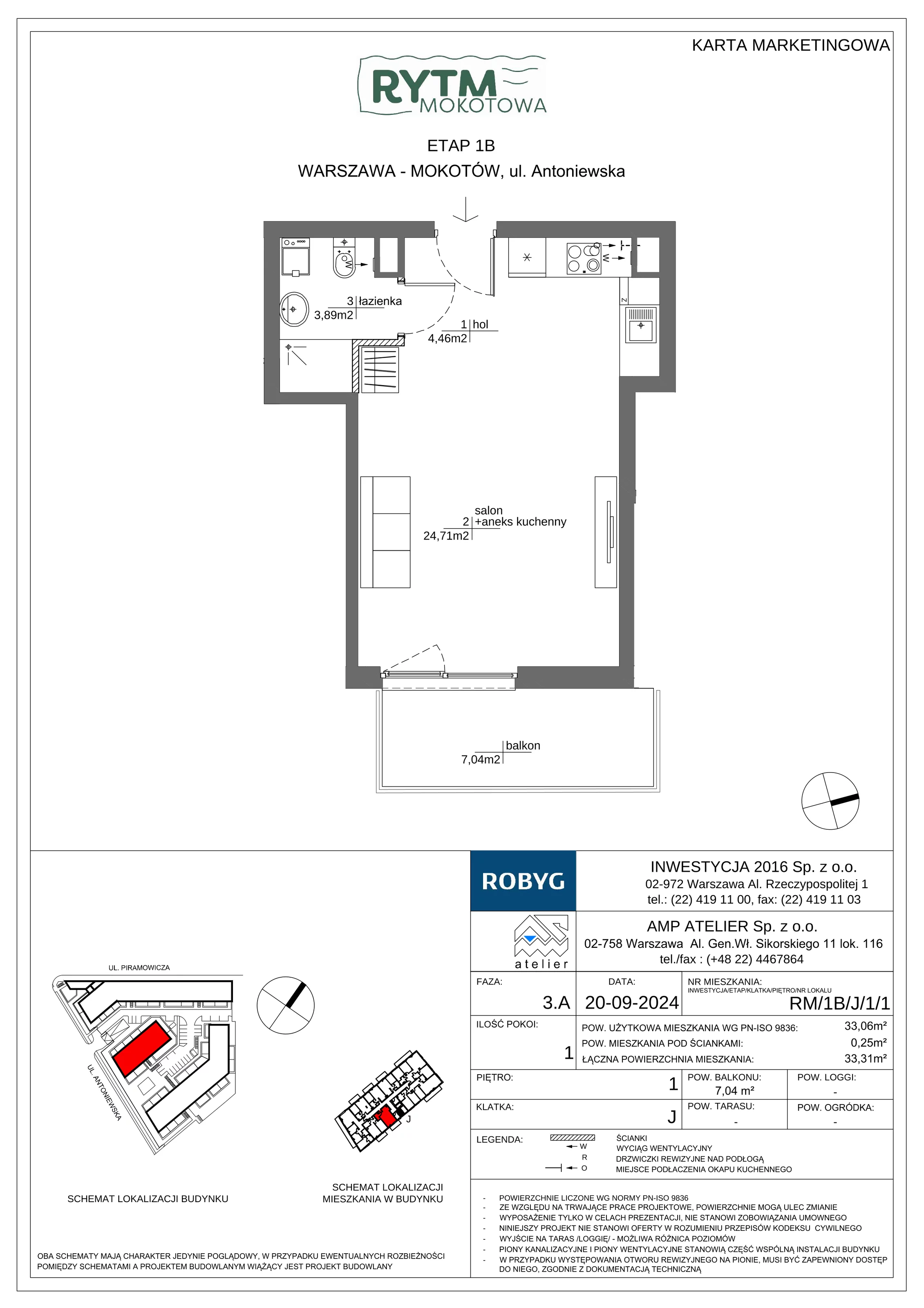1 pokój, mieszkanie 33,06 m², piętro 1, oferta nr RM/1B/J/1/1, Rytm Mokotowa 1B, Warszawa, Mokotów, Augustówka, ul. Antoniewska / Piramowicza