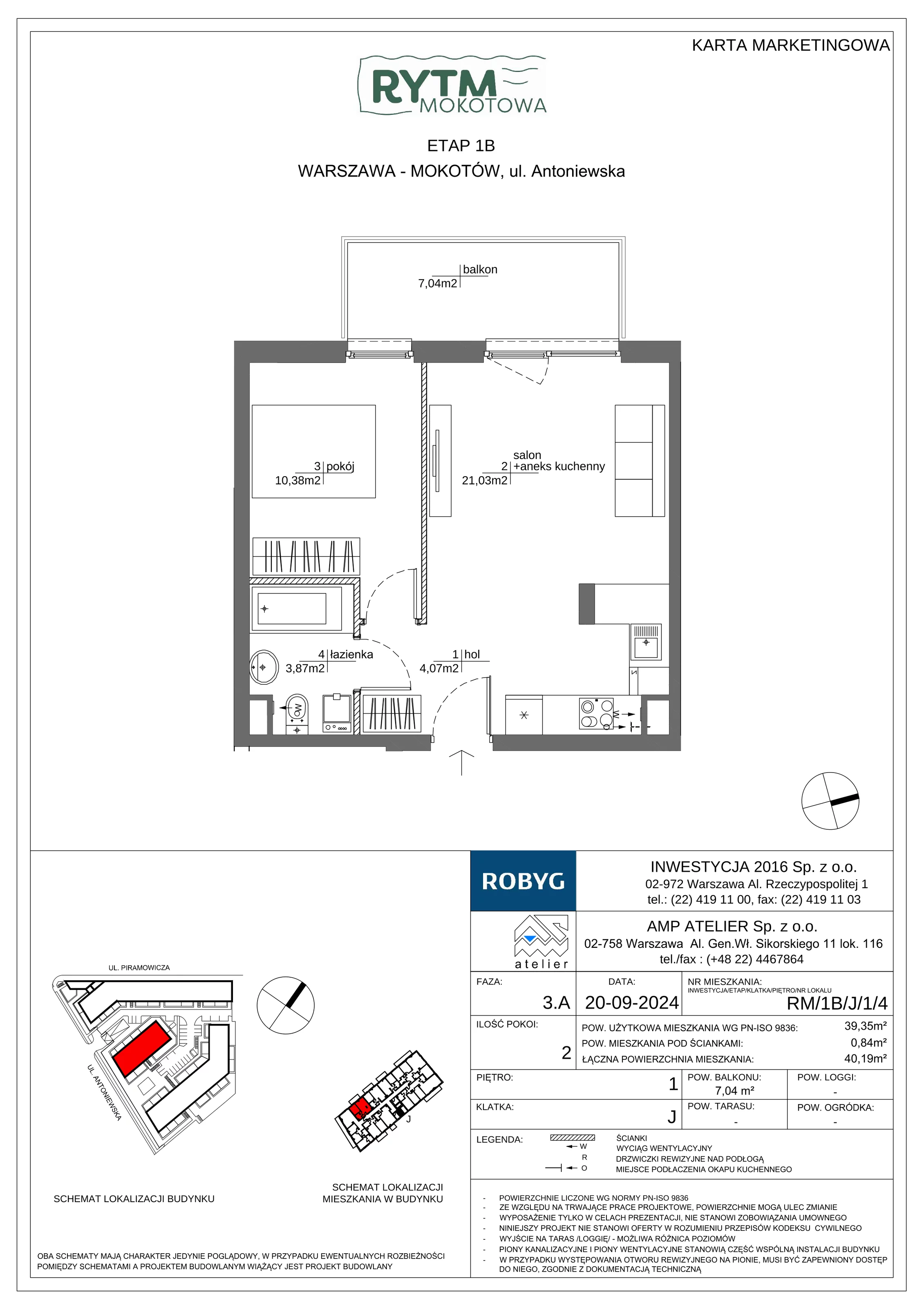 2 pokoje, mieszkanie 39,35 m², piętro 1, oferta nr RM/1B/J/1/4, Rytm Mokotowa 1B, Warszawa, Mokotów, Augustówka, ul. Antoniewska / Piramowicza