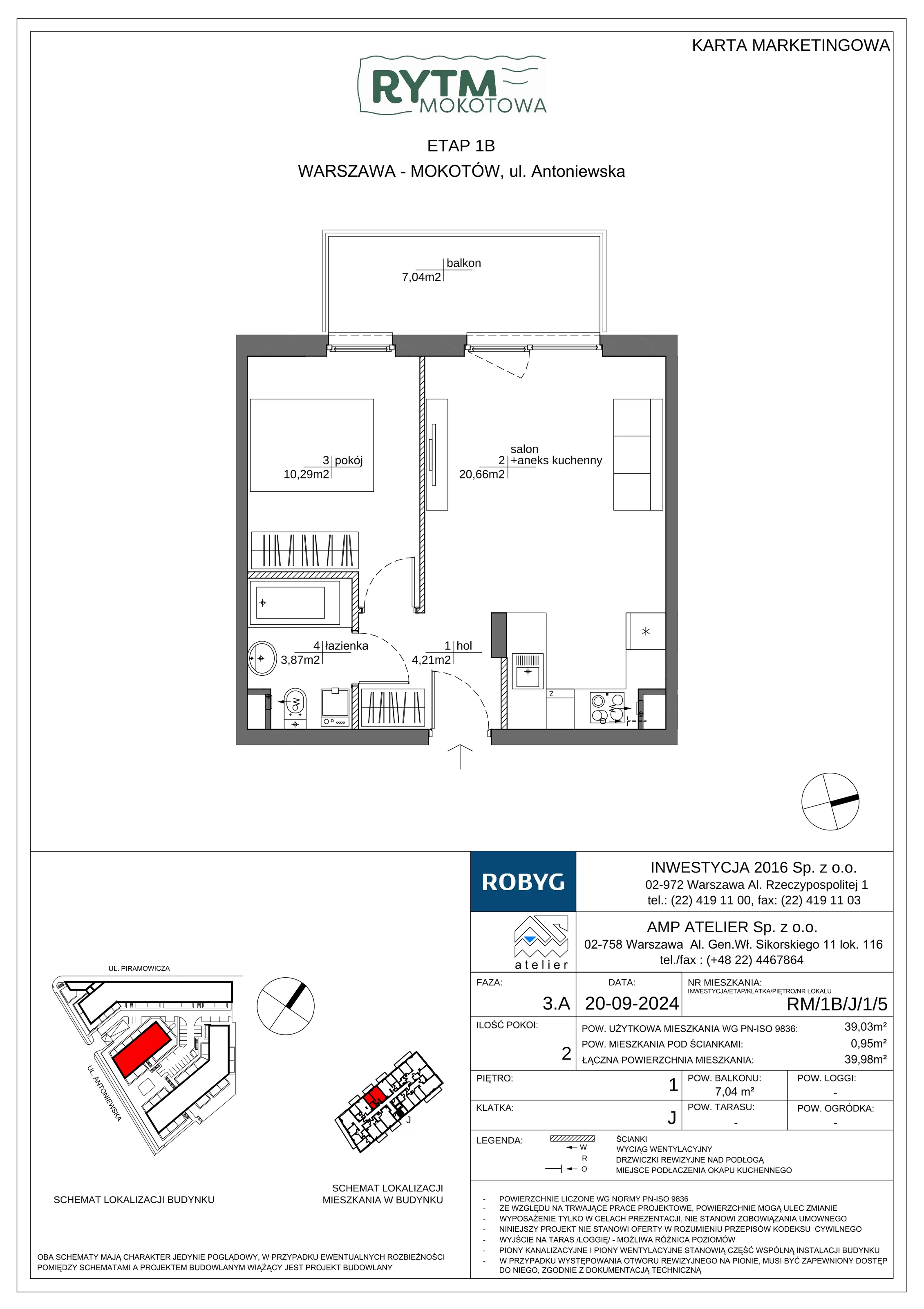 2 pokoje, mieszkanie 39,03 m², piętro 1, oferta nr RM/1B/J/1/5, Rytm Mokotowa 1B, Warszawa, Mokotów, Augustówka, ul. Antoniewska / Piramowicza