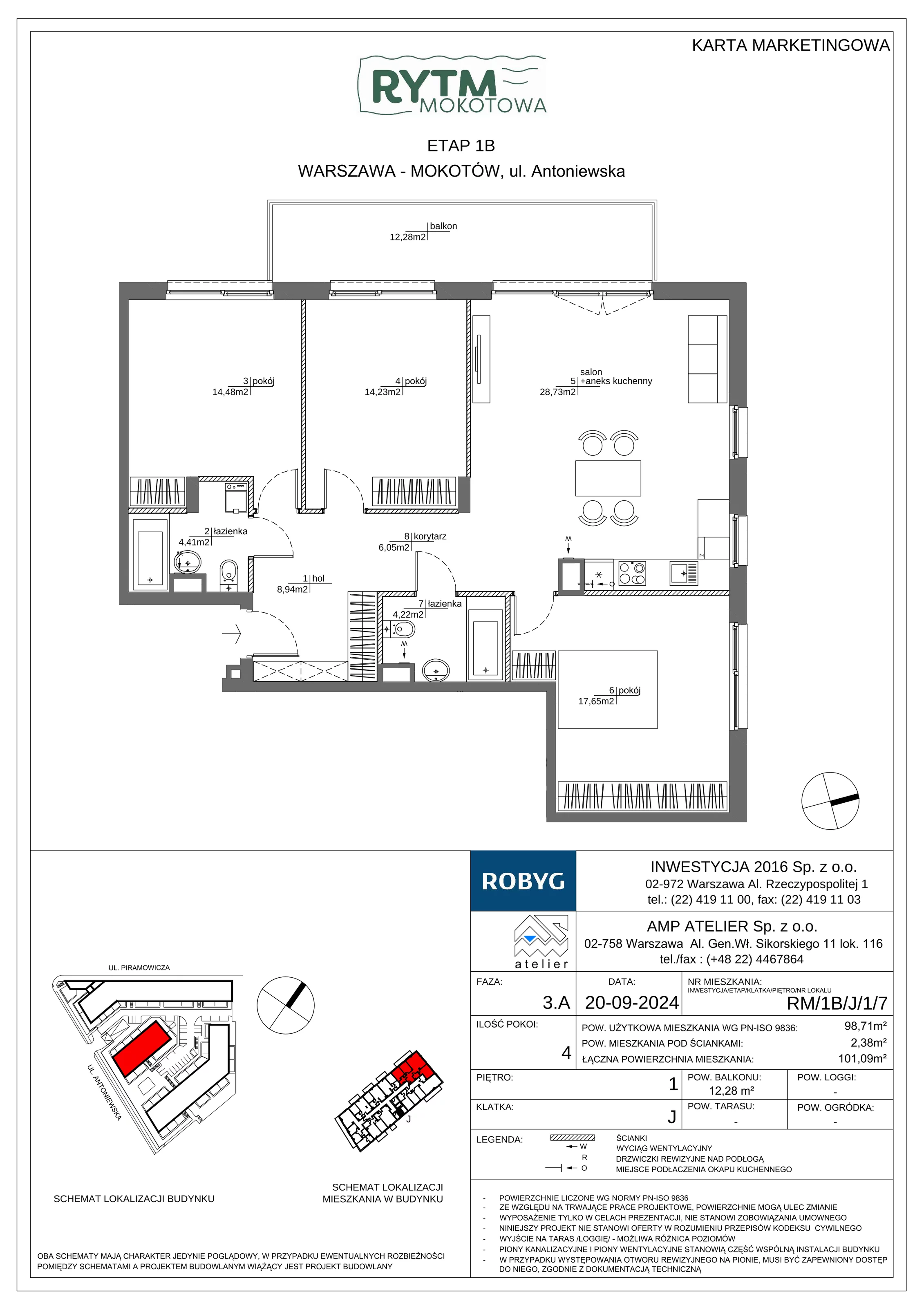 4 pokoje, mieszkanie 98,71 m², piętro 1, oferta nr RM/1B/J/1/7, Rytm Mokotowa 1B, Warszawa, Mokotów, Augustówka, ul. Antoniewska / Piramowicza