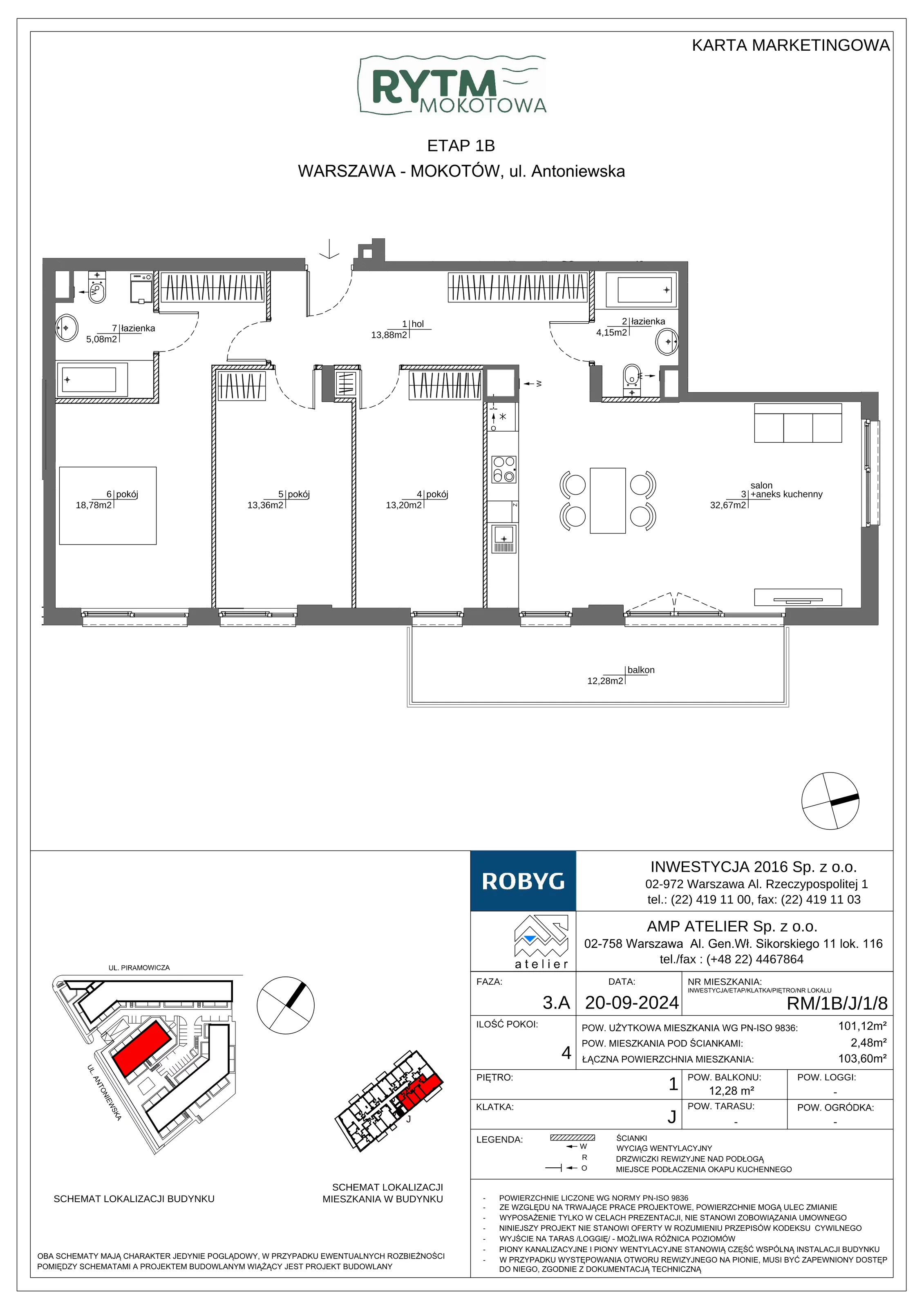 4 pokoje, mieszkanie 101,12 m², piętro 1, oferta nr RM/1B/J/1/8, Rytm Mokotowa 1B, Warszawa, Mokotów, Augustówka, ul. Antoniewska / Piramowicza