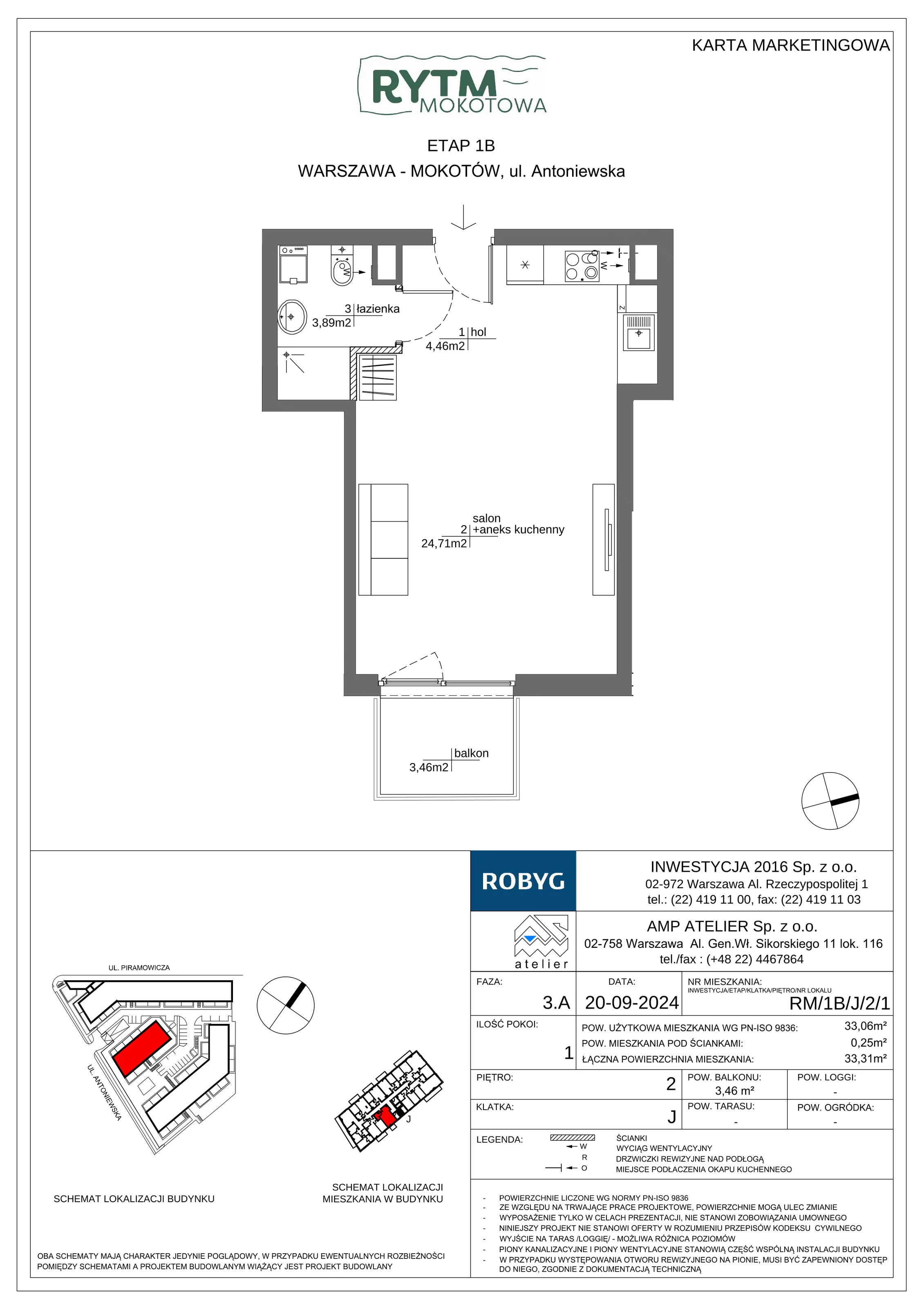 1 pokój, mieszkanie 33,06 m², piętro 2, oferta nr RM/1B/J/2/1, Rytm Mokotowa 1B, Warszawa, Mokotów, Augustówka, ul. Antoniewska / Piramowicza