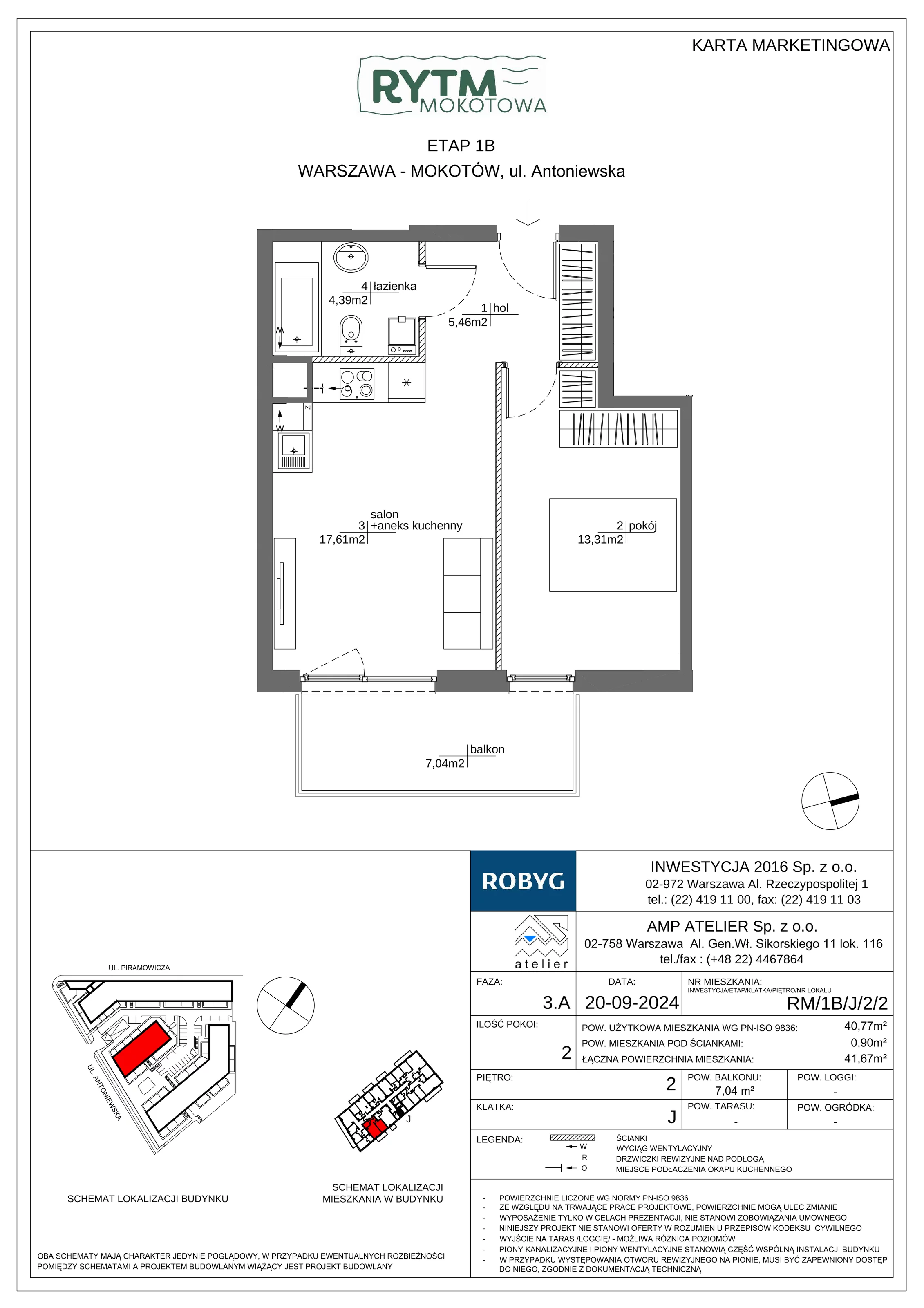 2 pokoje, mieszkanie 40,77 m², piętro 2, oferta nr RM/1B/J/2/2, Rytm Mokotowa 1B, Warszawa, Mokotów, Augustówka, ul. Antoniewska / Piramowicza