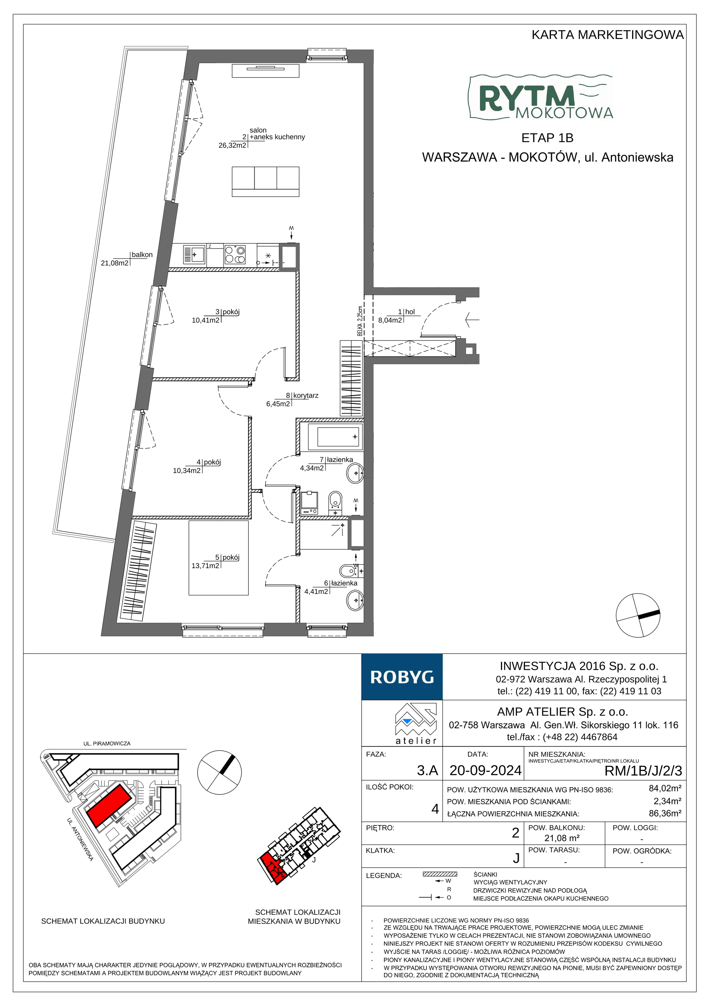 4 pokoje, mieszkanie 84,02 m², piętro 2, oferta nr RM/1B/J/2/3, Rytm Mokotowa 1B, Warszawa, Mokotów, Augustówka, ul. Antoniewska / Piramowicza