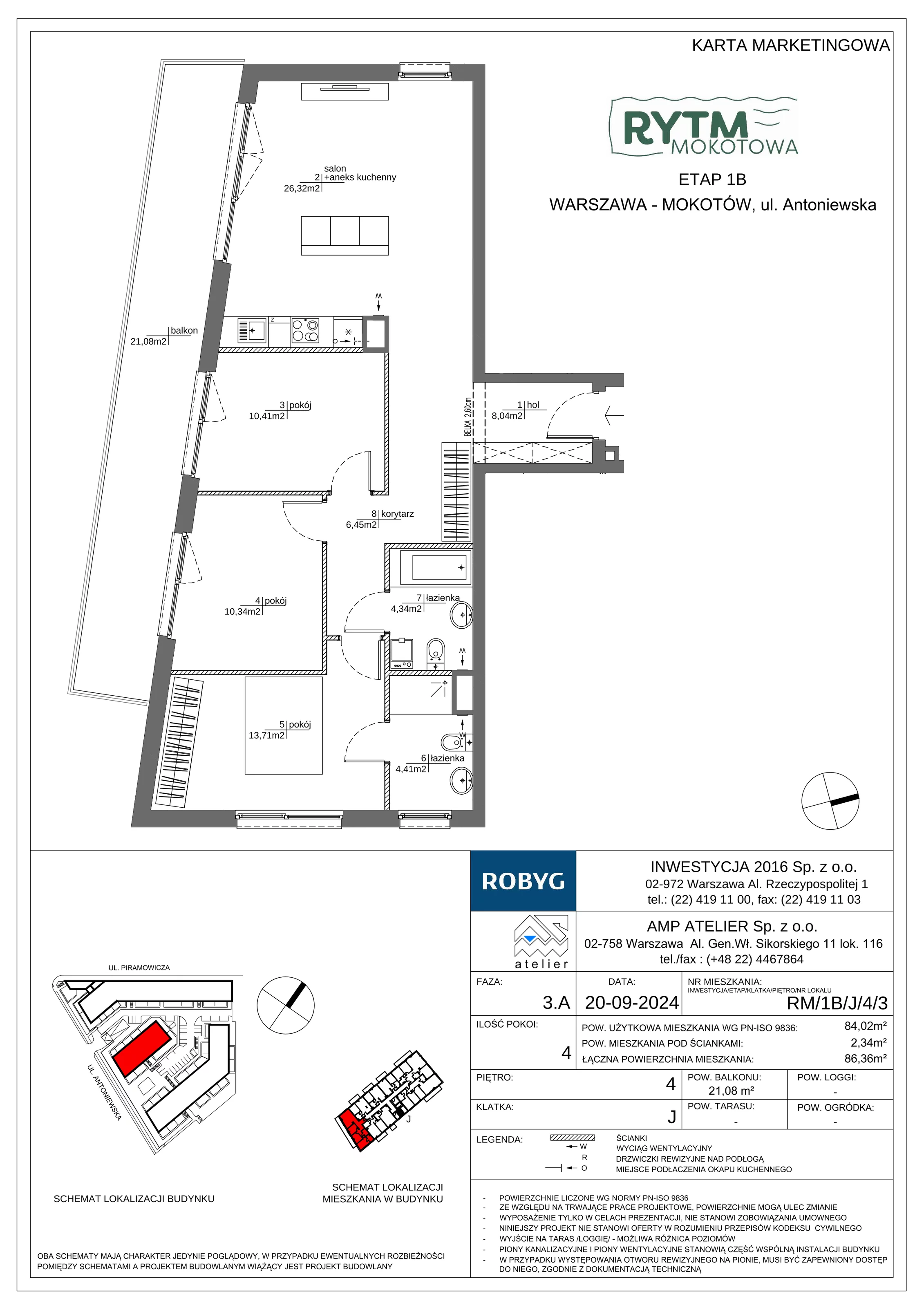 4 pokoje, mieszkanie 84,02 m², piętro 4, oferta nr RM/1B/J/4/3, Rytm Mokotowa 1B, Warszawa, Mokotów, Augustówka, ul. Antoniewska / Piramowicza
