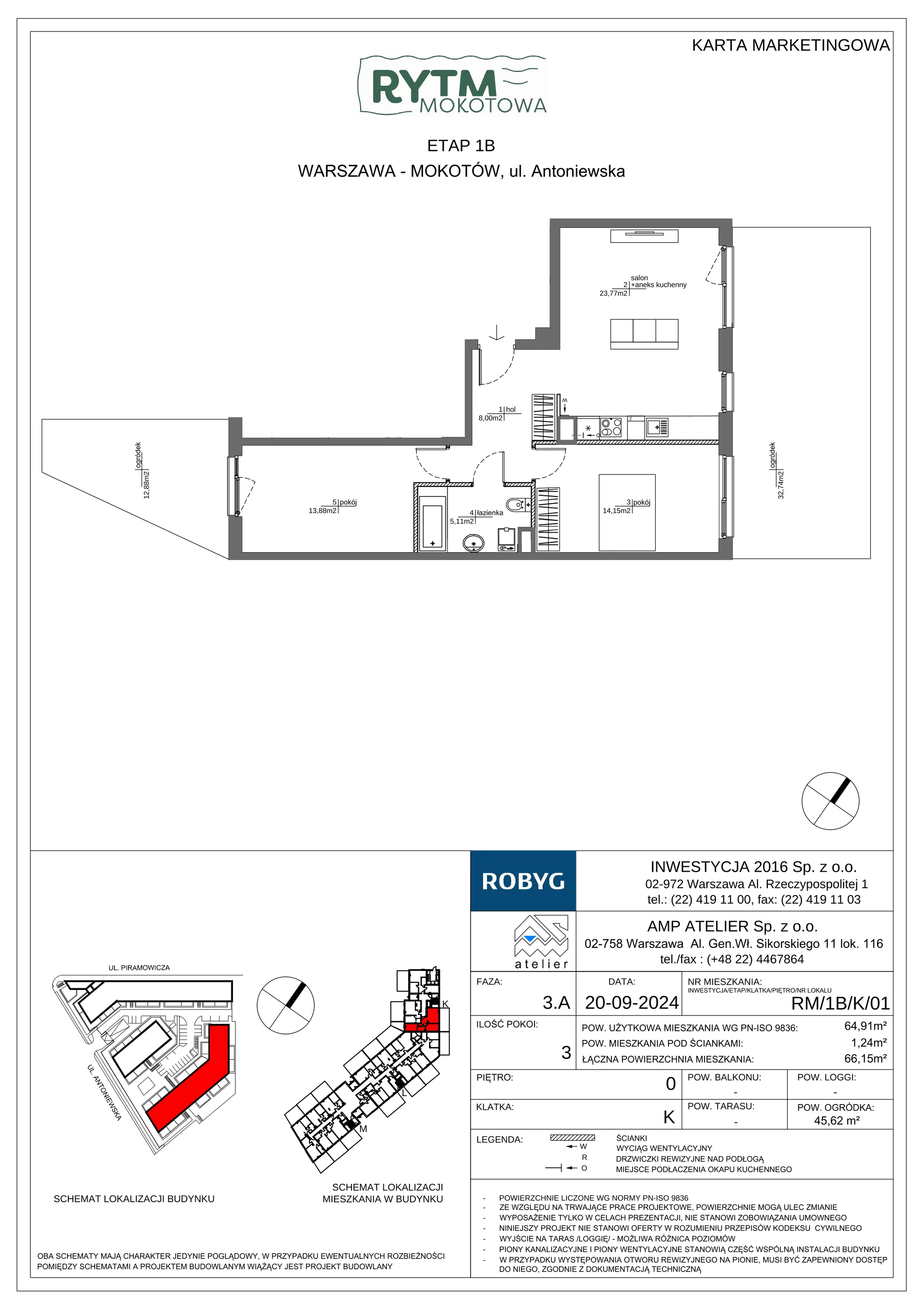 3 pokoje, mieszkanie 64,91 m², parter, oferta nr RM/1B/K/0/1, Rytm Mokotowa 1B, Warszawa, Mokotów, Augustówka, ul. Antoniewska / Piramowicza