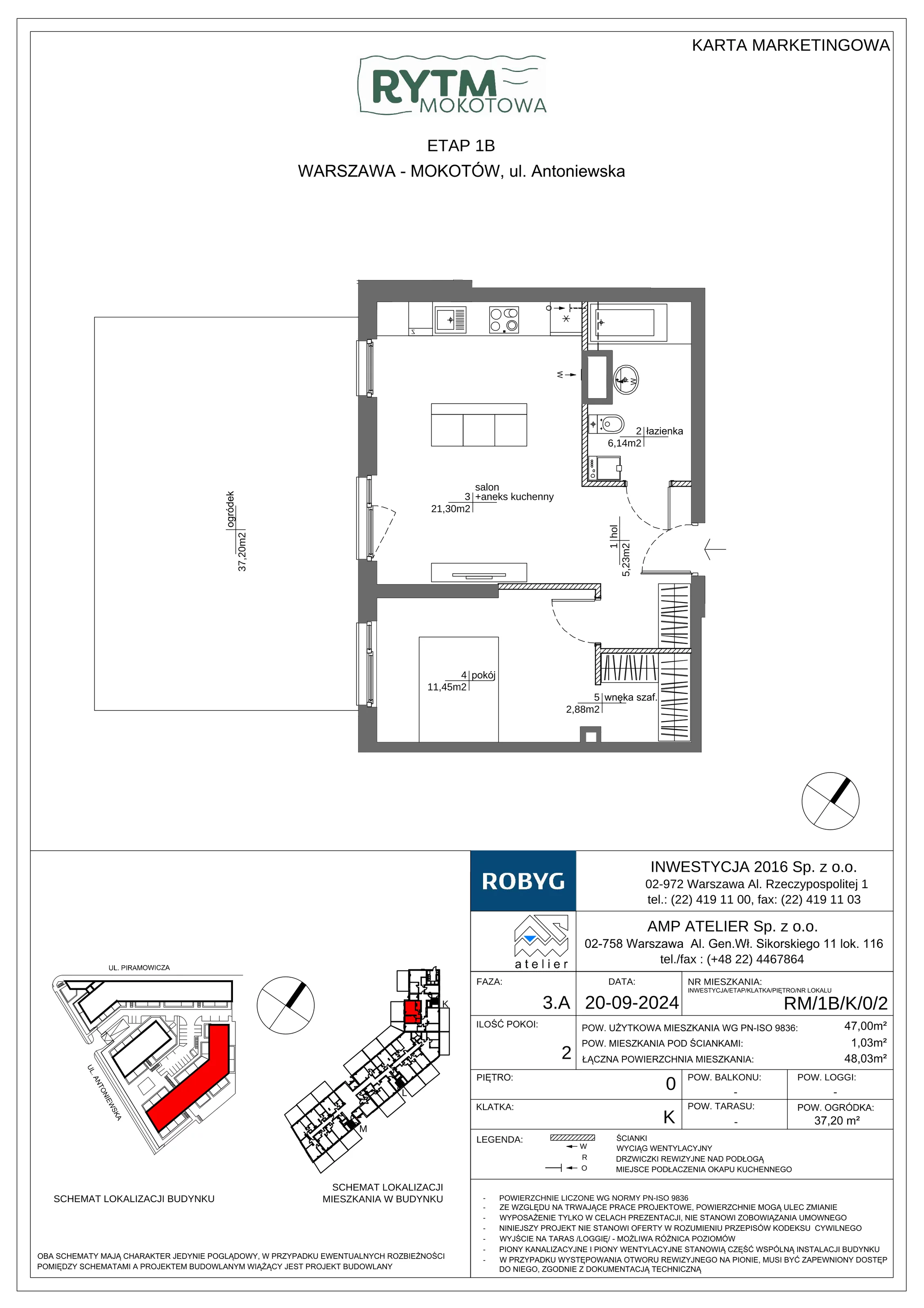 2 pokoje, mieszkanie 47,00 m², parter, oferta nr RM/1B/K/0/2, Rytm Mokotowa 1B, Warszawa, Mokotów, Augustówka, ul. Antoniewska / Piramowicza