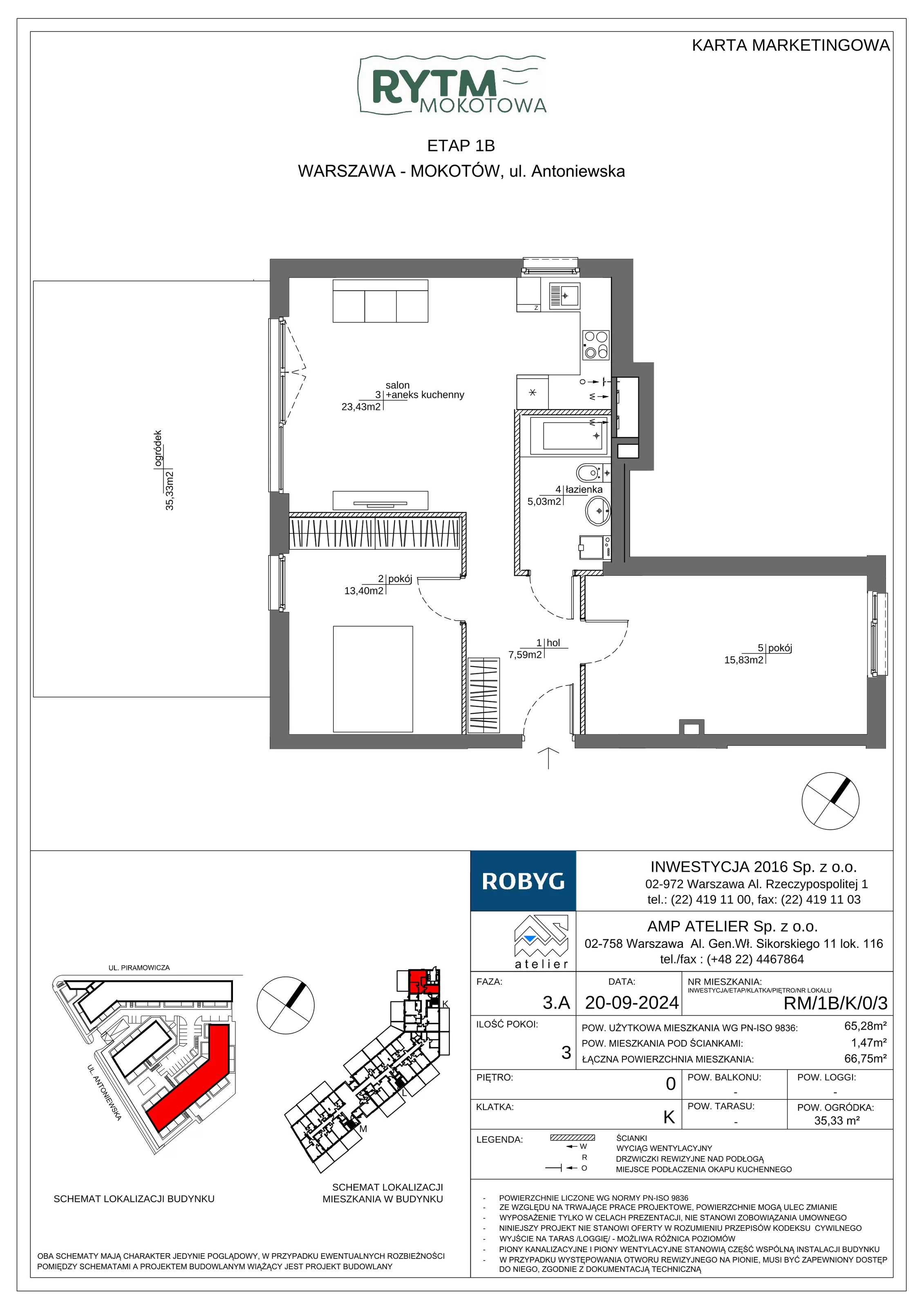 3 pokoje, mieszkanie 65,28 m², parter, oferta nr RM/1B/K/0/3, Rytm Mokotowa 1B, Warszawa, Mokotów, Augustówka, ul. Antoniewska / Piramowicza