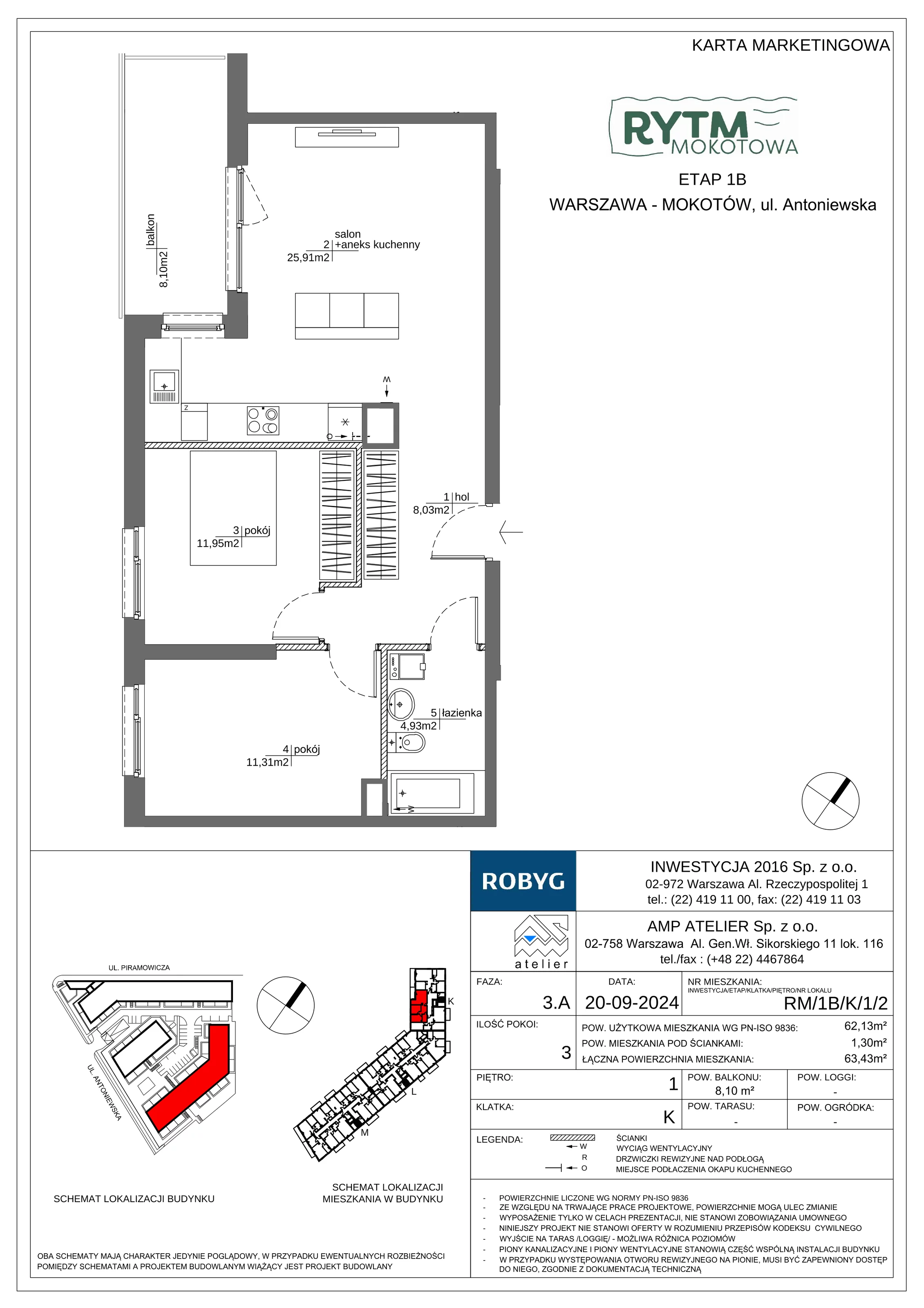 3 pokoje, mieszkanie 62,13 m², piętro 1, oferta nr RM/1B/K/1/2, Rytm Mokotowa 1B, Warszawa, Mokotów, Augustówka, ul. Antoniewska / Piramowicza