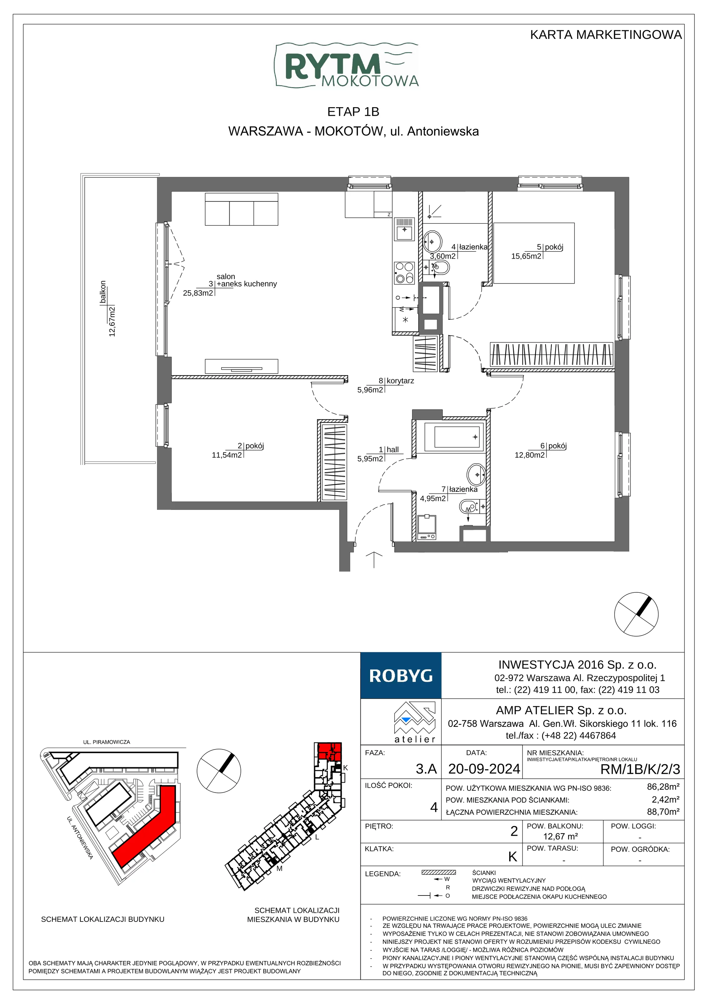 4 pokoje, mieszkanie 86,28 m², piętro 2, oferta nr RM/1B/K/2/3, Rytm Mokotowa 1B, Warszawa, Mokotów, Augustówka, ul. Antoniewska / Piramowicza