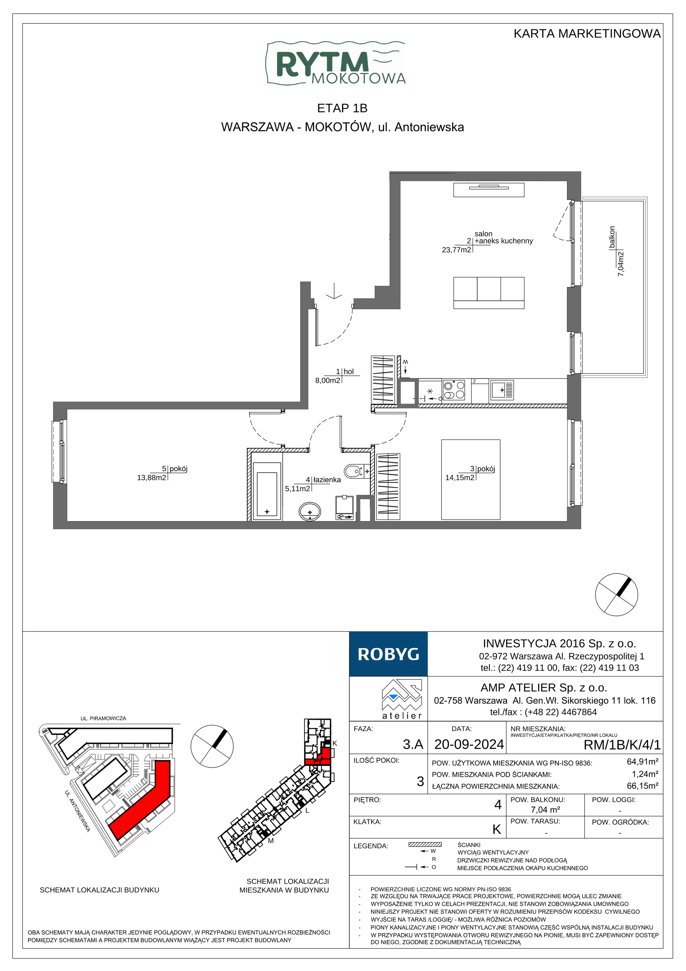 3 pokoje, mieszkanie 64,91 m², piętro 4, oferta nr RM/1B/K/4/1, Rytm Mokotowa 1B, Warszawa, Mokotów, Augustówka, ul. Antoniewska / Piramowicza