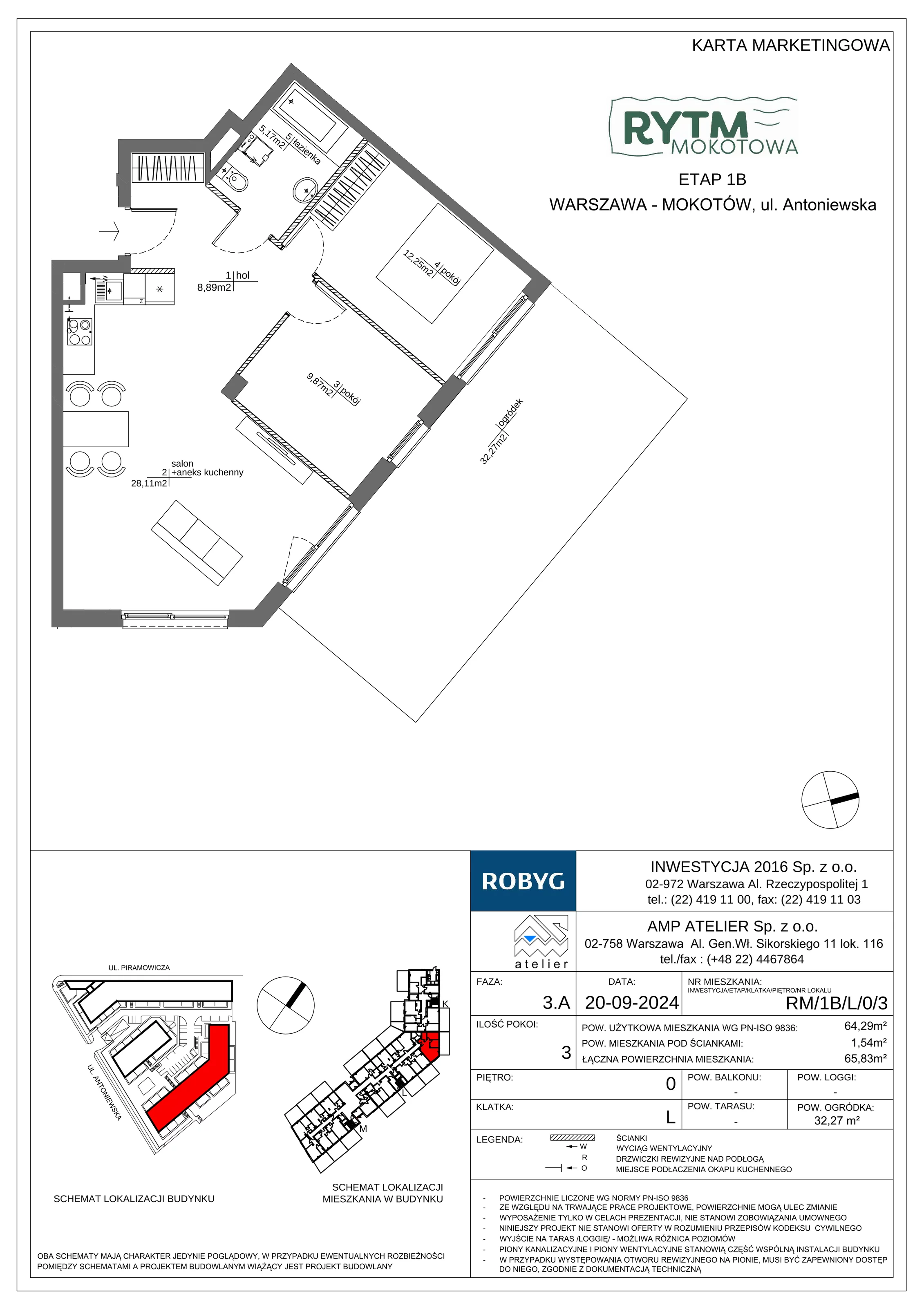 3 pokoje, mieszkanie 64,29 m², parter, oferta nr RM/1B/L/0/3, Rytm Mokotowa 1B, Warszawa, Mokotów, Augustówka, ul. Antoniewska / Piramowicza