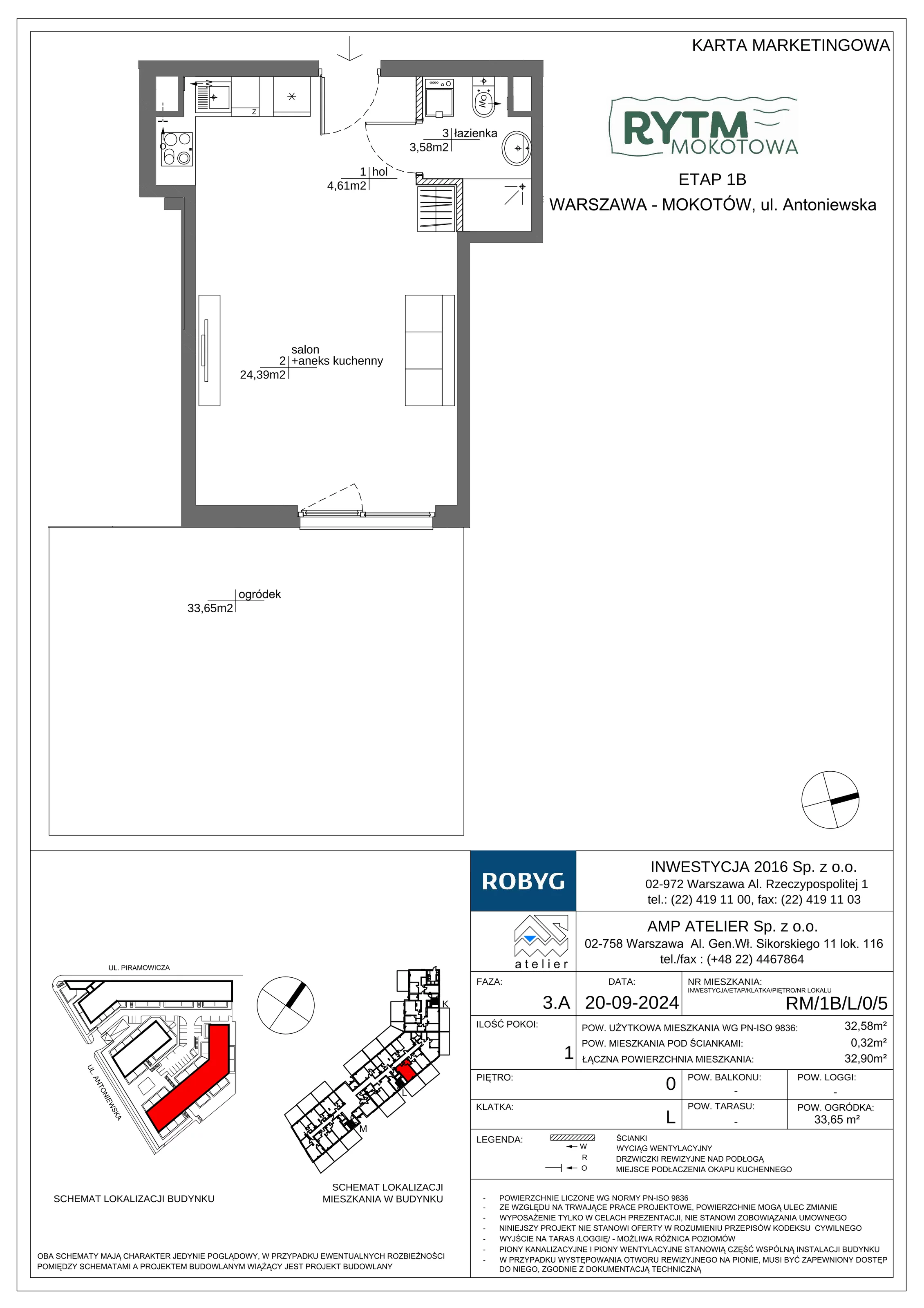 1 pokój, mieszkanie 32,58 m², parter, oferta nr RM/1B/L/0/5, Rytm Mokotowa 1B, Warszawa, Mokotów, Augustówka, ul. Antoniewska / Piramowicza