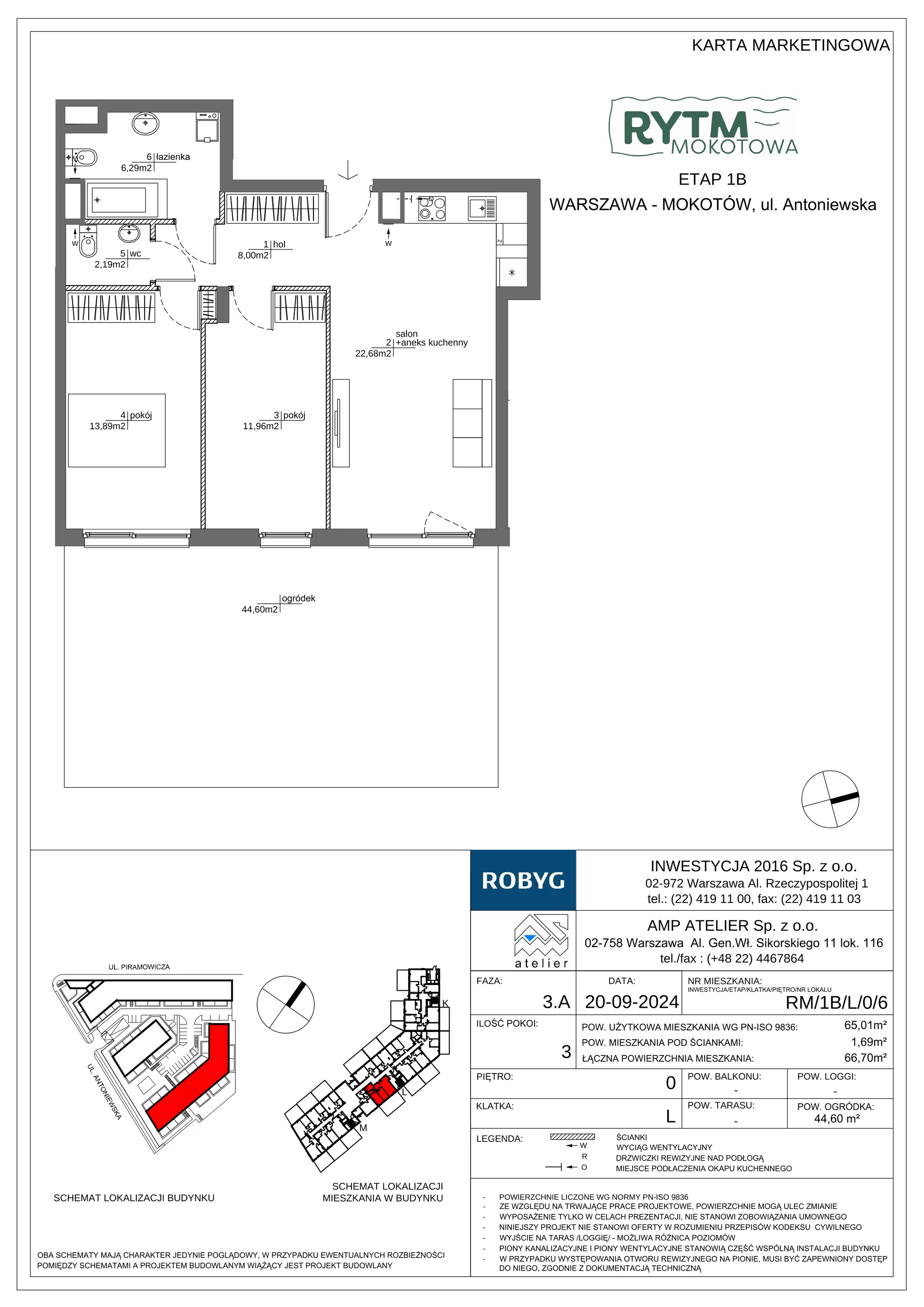 3 pokoje, mieszkanie 65,01 m², parter, oferta nr RM/1B/L/0/6, Rytm Mokotowa 1B, Warszawa, Mokotów, Augustówka, ul. Antoniewska / Piramowicza