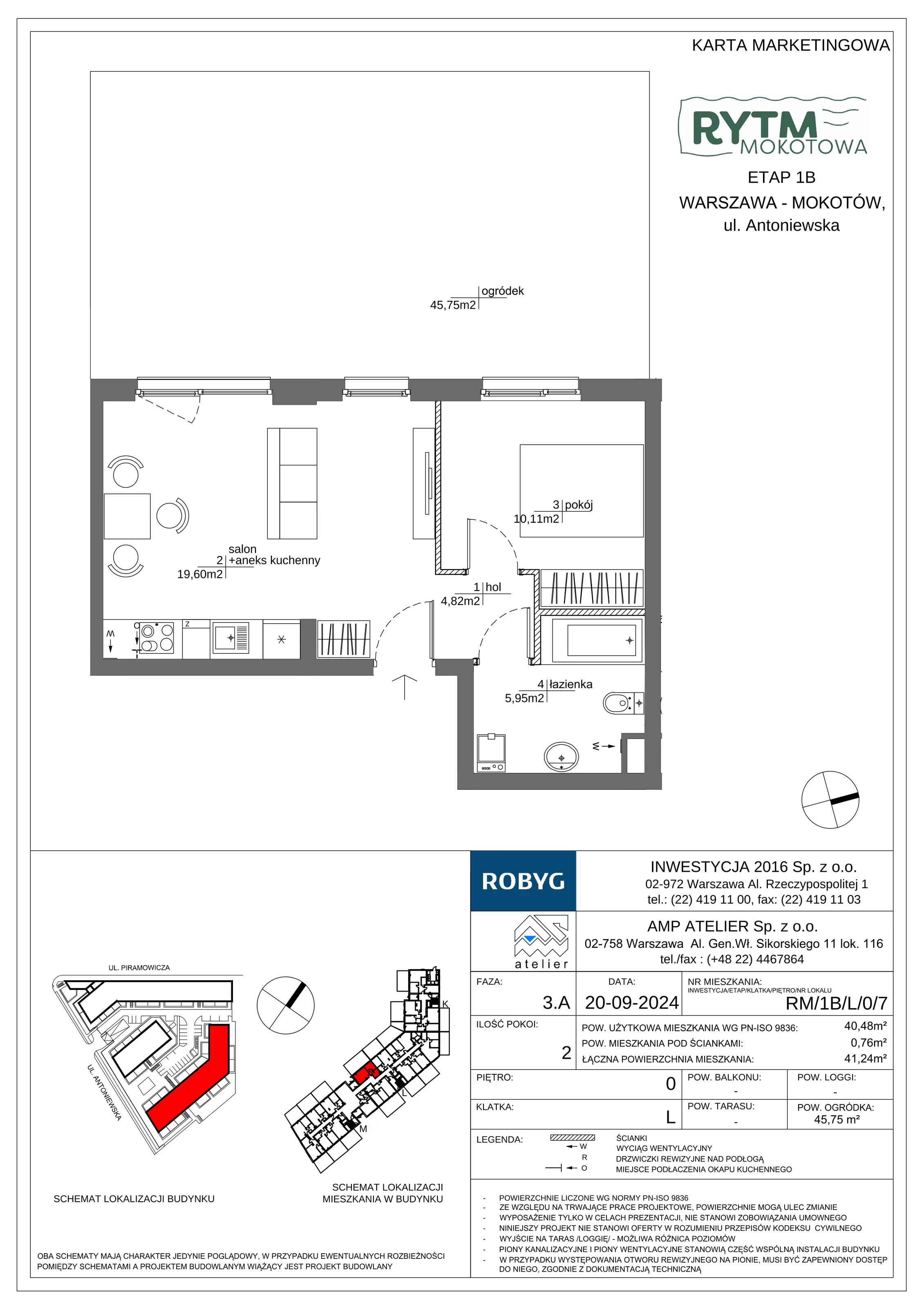 2 pokoje, mieszkanie 40,48 m², parter, oferta nr RM/1B/L/0/7, Rytm Mokotowa 1B, Warszawa, Mokotów, Augustówka, ul. Antoniewska / Piramowicza