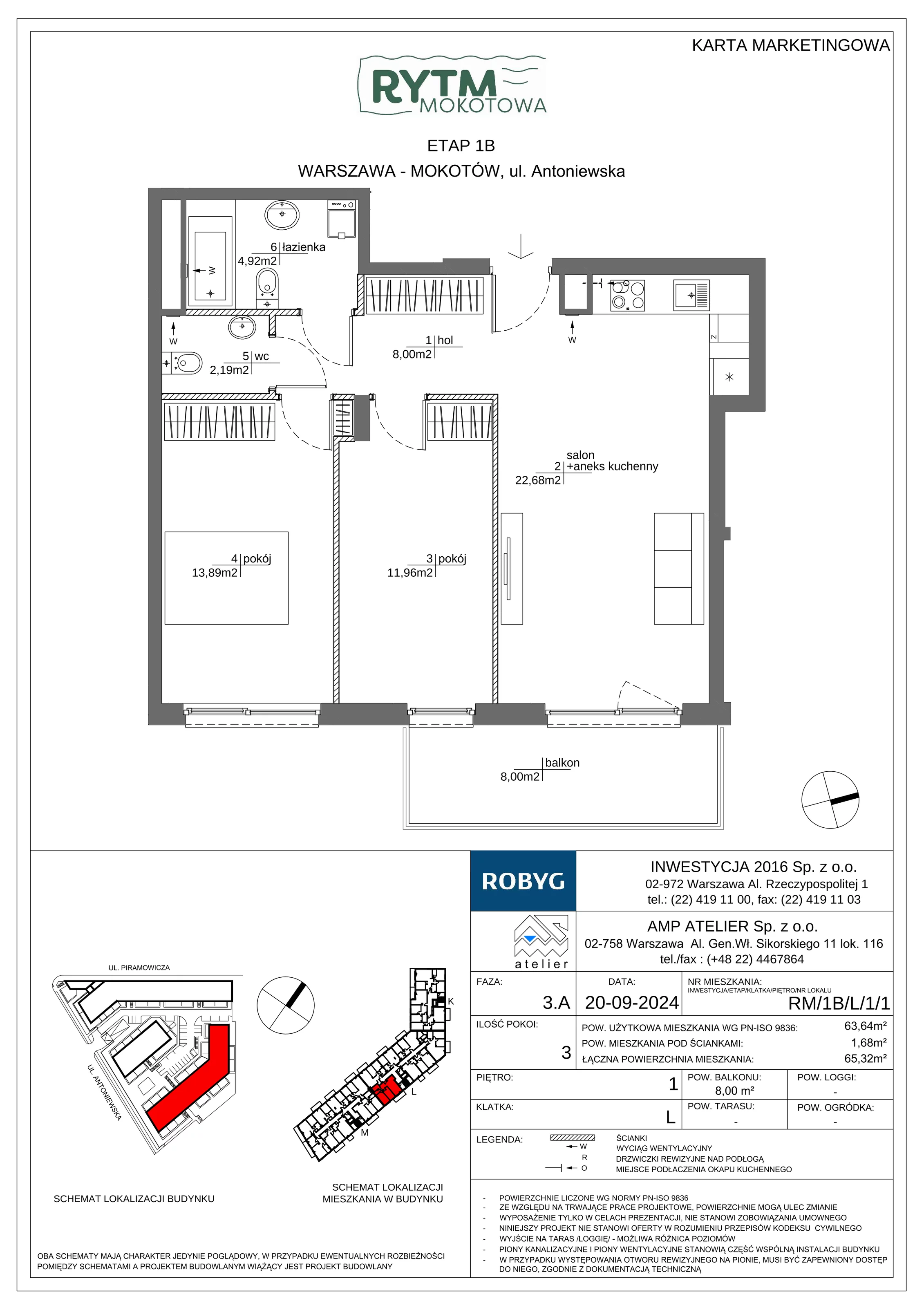 3 pokoje, mieszkanie 63,64 m², piętro 1, oferta nr RM/1B/L/1/1, Rytm Mokotowa 1B, Warszawa, Mokotów, Augustówka, ul. Antoniewska / Piramowicza
