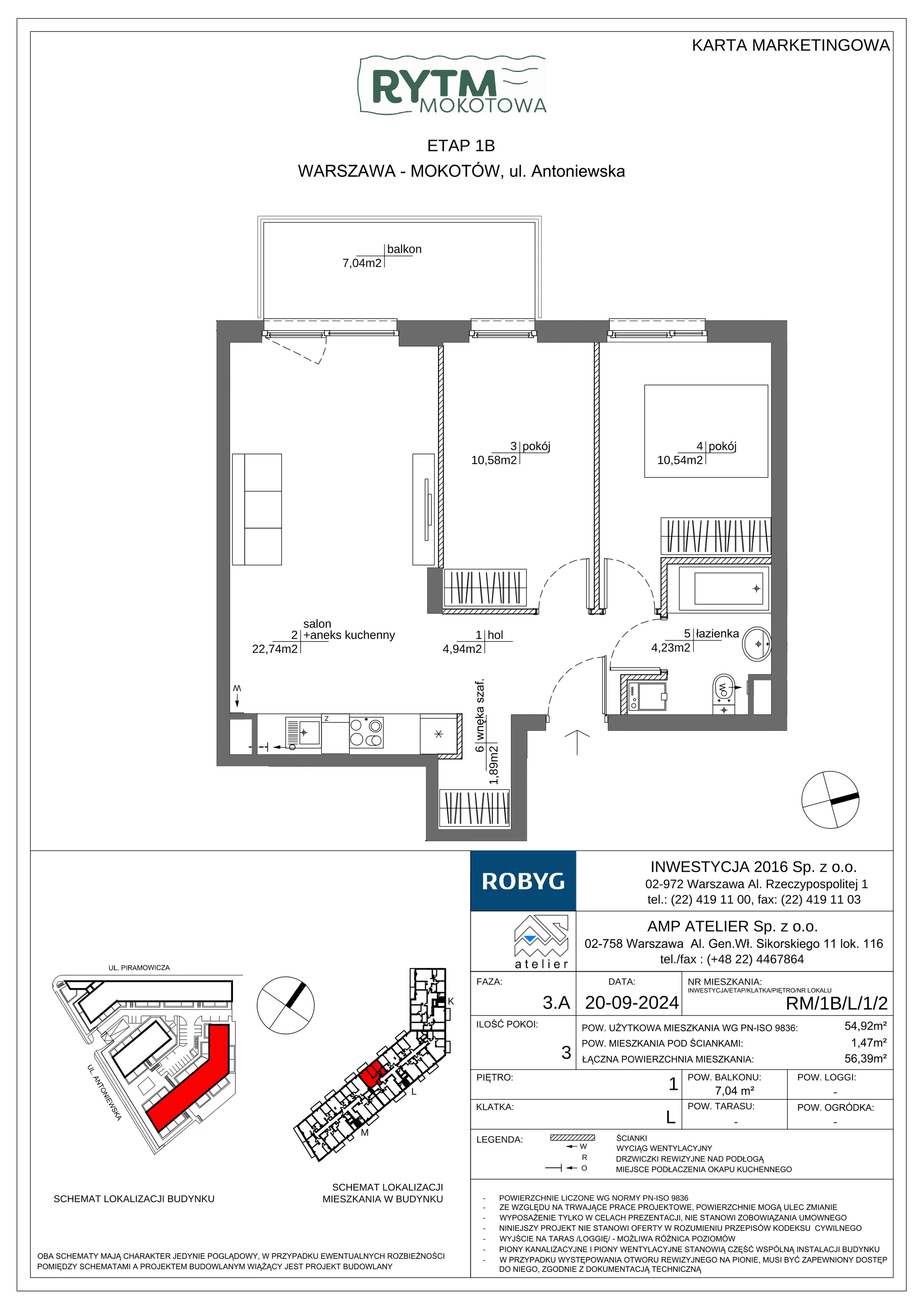 3 pokoje, mieszkanie 54,92 m², piętro 1, oferta nr RM/1B/L/1/2, Rytm Mokotowa 1B, Warszawa, Mokotów, Augustówka, ul. Antoniewska / Piramowicza