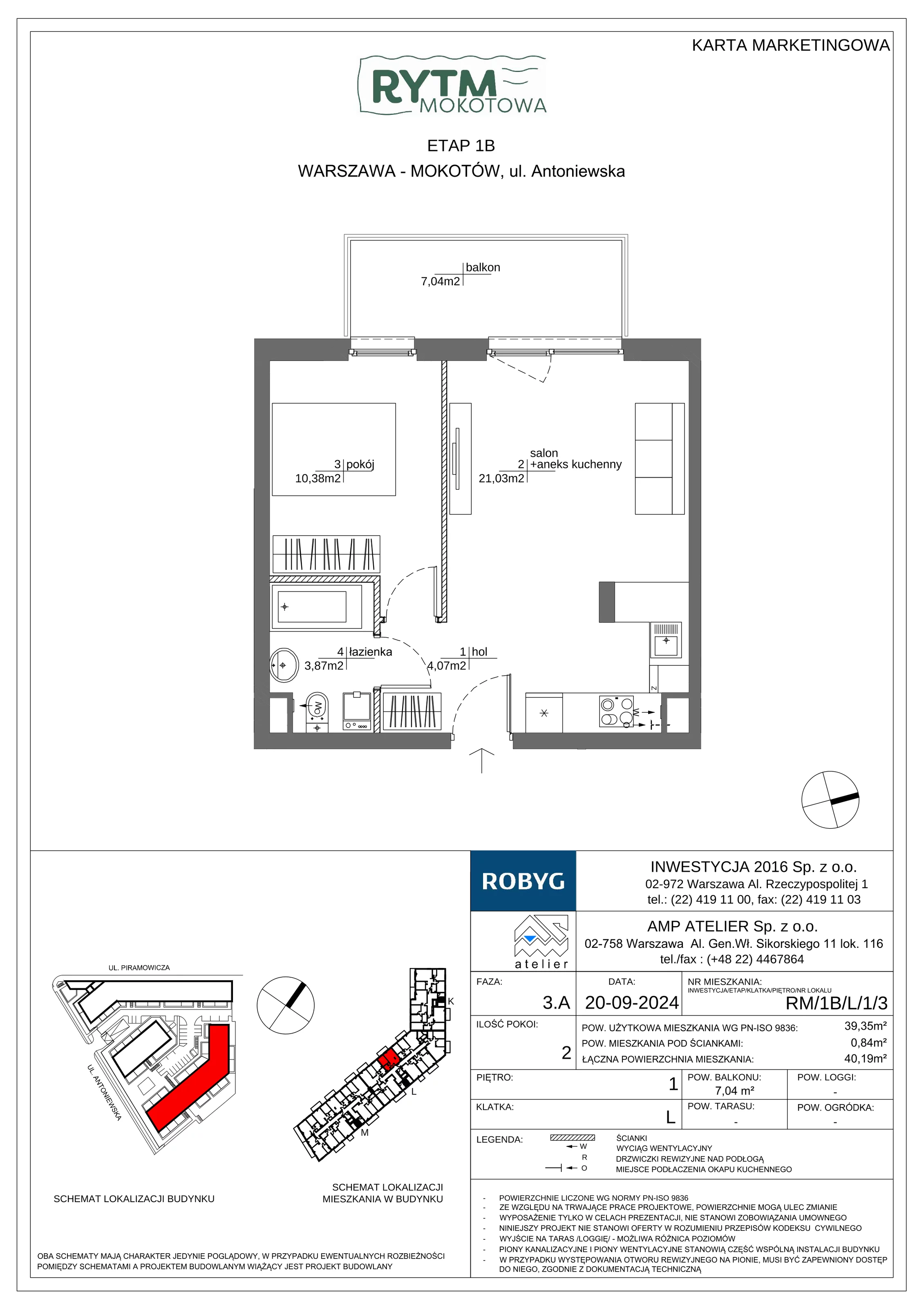 2 pokoje, mieszkanie 39,35 m², piętro 1, oferta nr RM/1B/L/1/3, Rytm Mokotowa 1B, Warszawa, Mokotów, Augustówka, ul. Antoniewska / Piramowicza