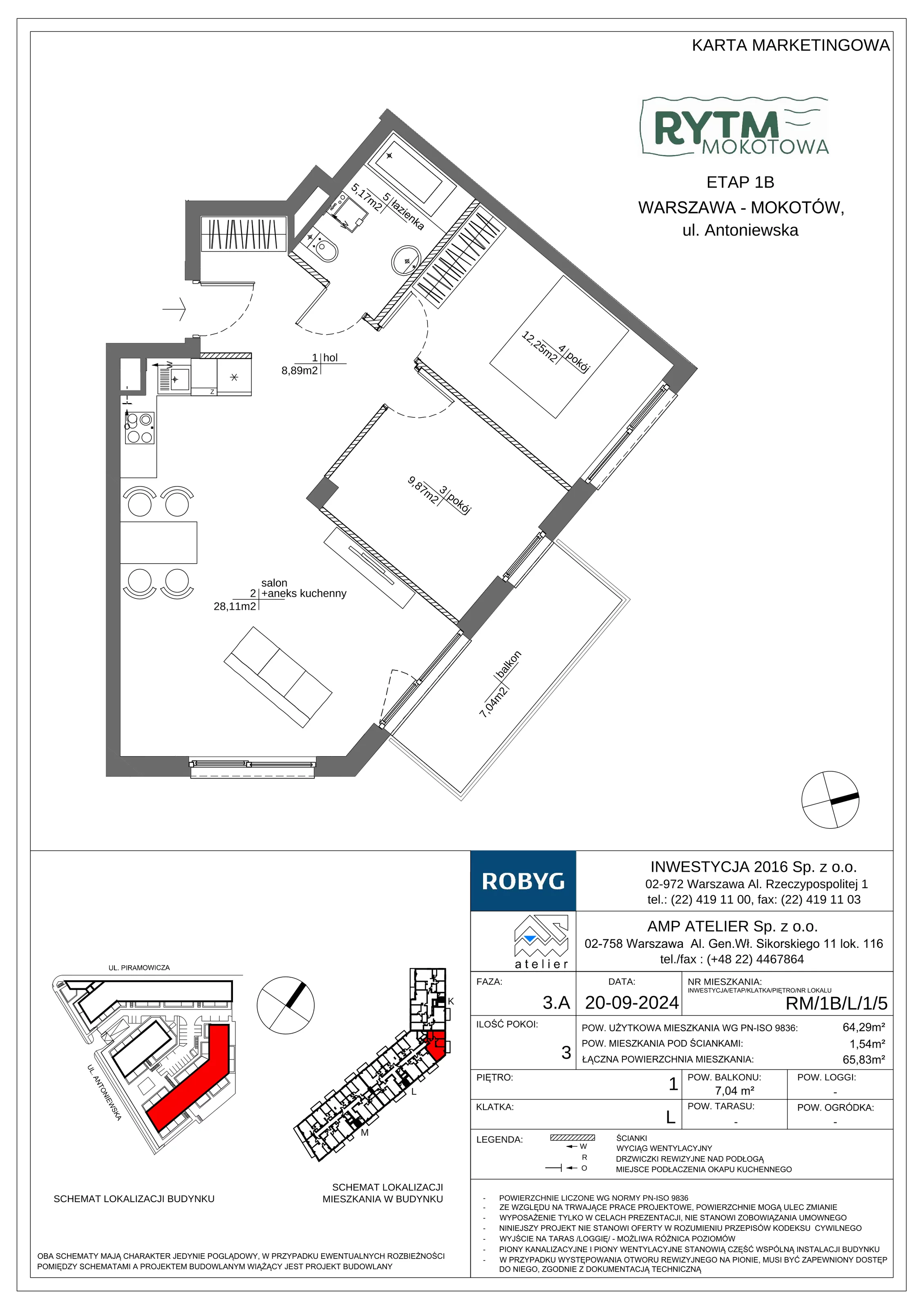 3 pokoje, mieszkanie 64,29 m², piętro 1, oferta nr RM/1B/L/1/5, Rytm Mokotowa 1B, Warszawa, Mokotów, Augustówka, ul. Antoniewska / Piramowicza