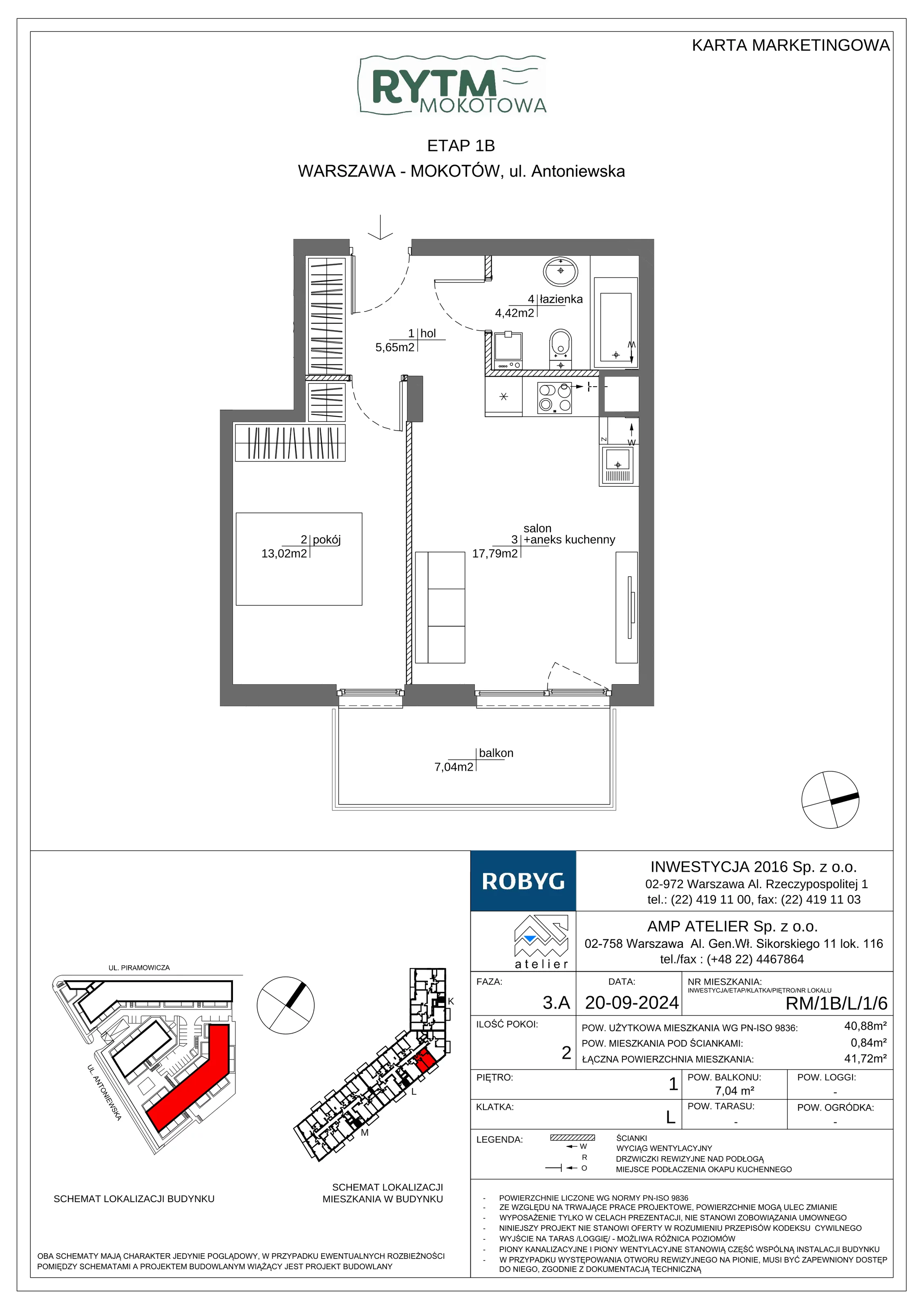 2 pokoje, mieszkanie 40,88 m², piętro 1, oferta nr RM/1B/L/1/6, Rytm Mokotowa 1B, Warszawa, Mokotów, Augustówka, ul. Antoniewska / Piramowicza