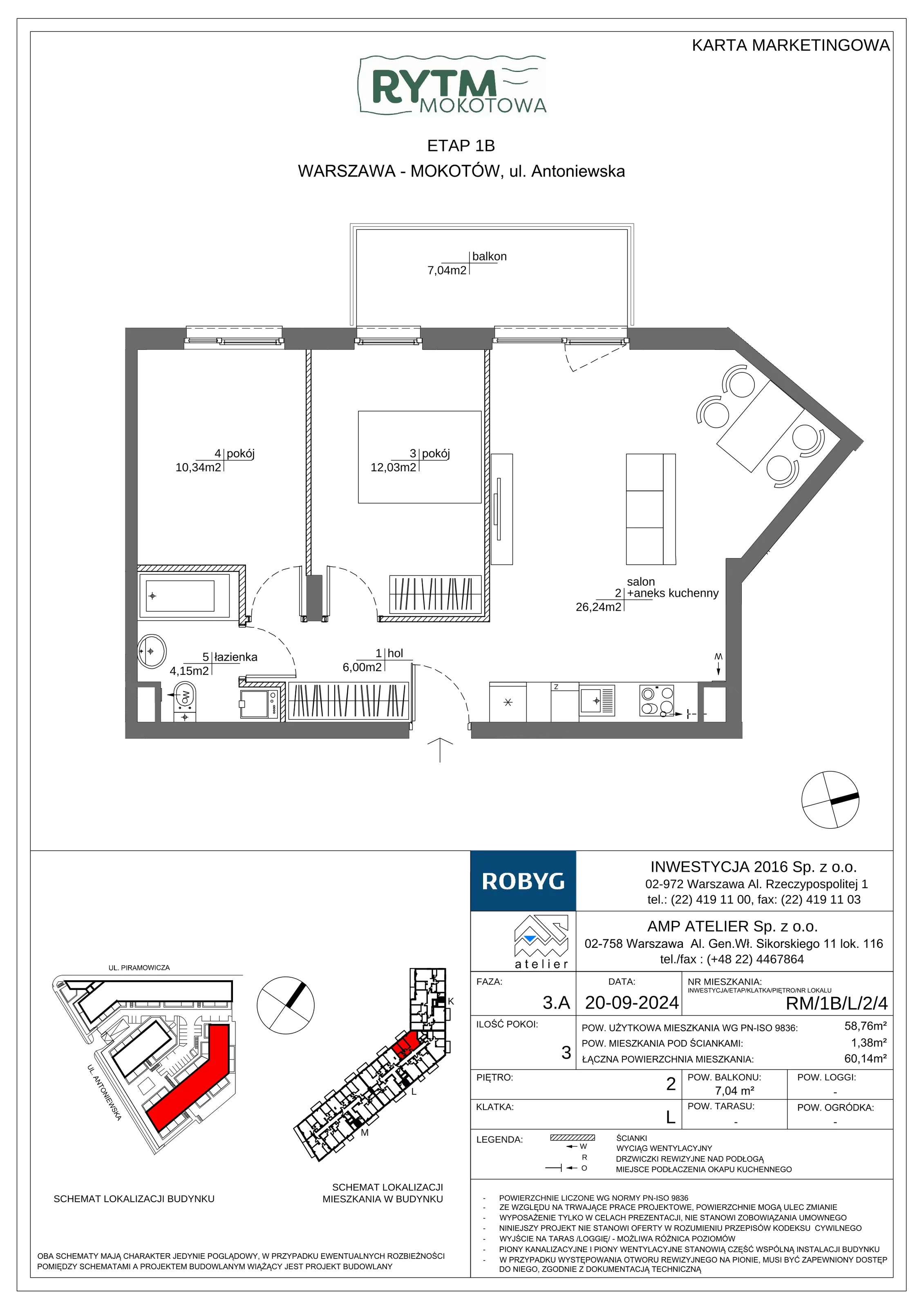 3 pokoje, mieszkanie 58,76 m², piętro 2, oferta nr RM/1B/L/2/4, Rytm Mokotowa 1B, Warszawa, Mokotów, Augustówka, ul. Antoniewska / Piramowicza