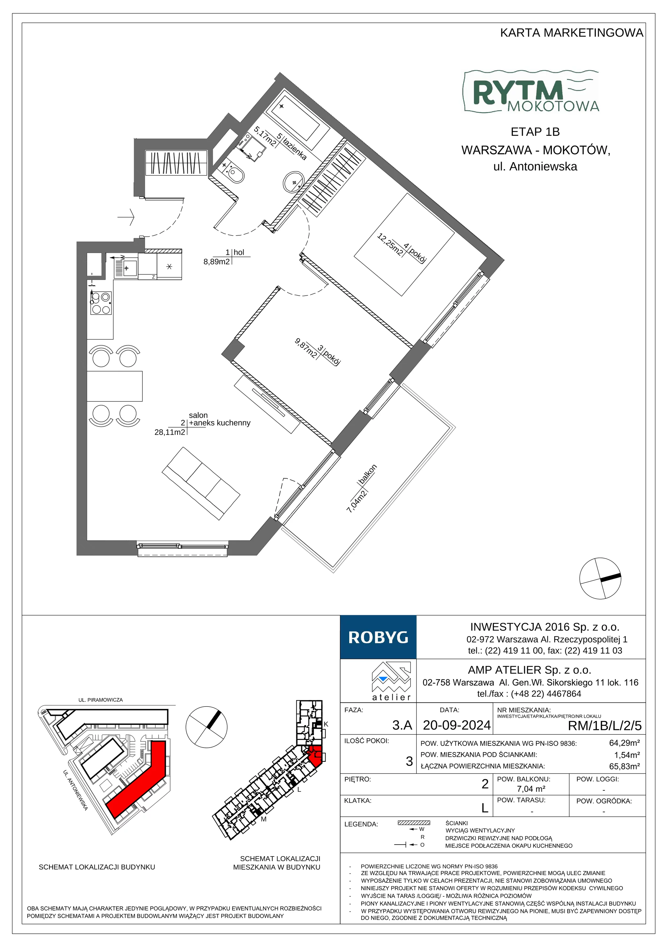 3 pokoje, mieszkanie 64,29 m², piętro 2, oferta nr RM/1B/L/2/5, Rytm Mokotowa 1B, Warszawa, Mokotów, Augustówka, ul. Antoniewska / Piramowicza