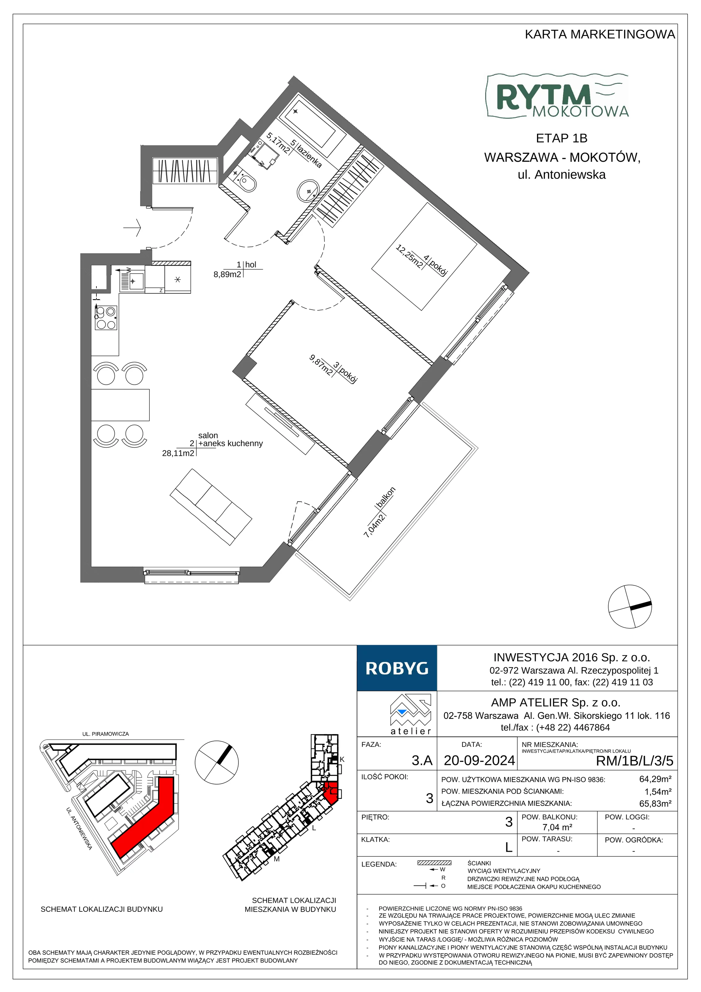 3 pokoje, mieszkanie 64,29 m², piętro 3, oferta nr RM/1B/L/3/5, Rytm Mokotowa 1B, Warszawa, Mokotów, Augustówka, ul. Antoniewska / Piramowicza